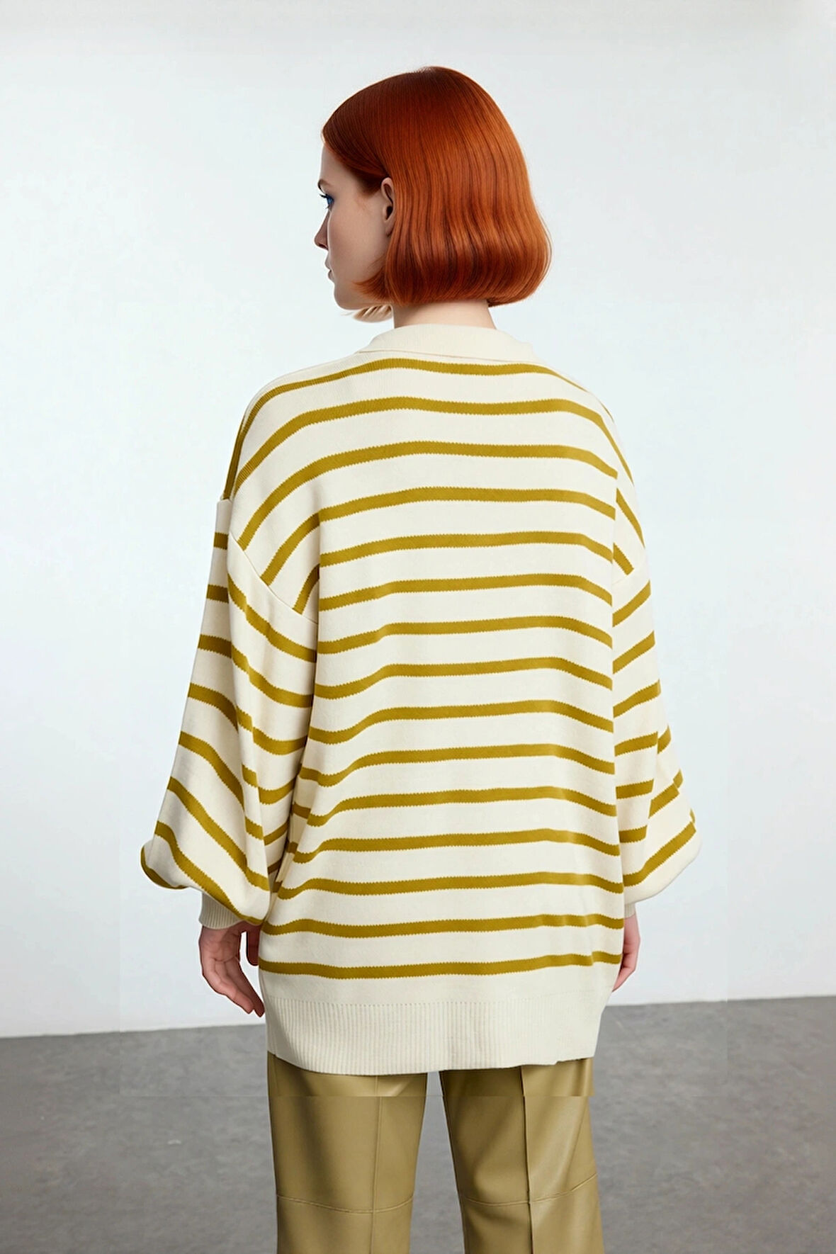 Kadın Çizgili Polo Yaka Düşük Kol Relaxed Fit Kışlık Triko Kazak Günlük Şıklık Sunar Kaliteli