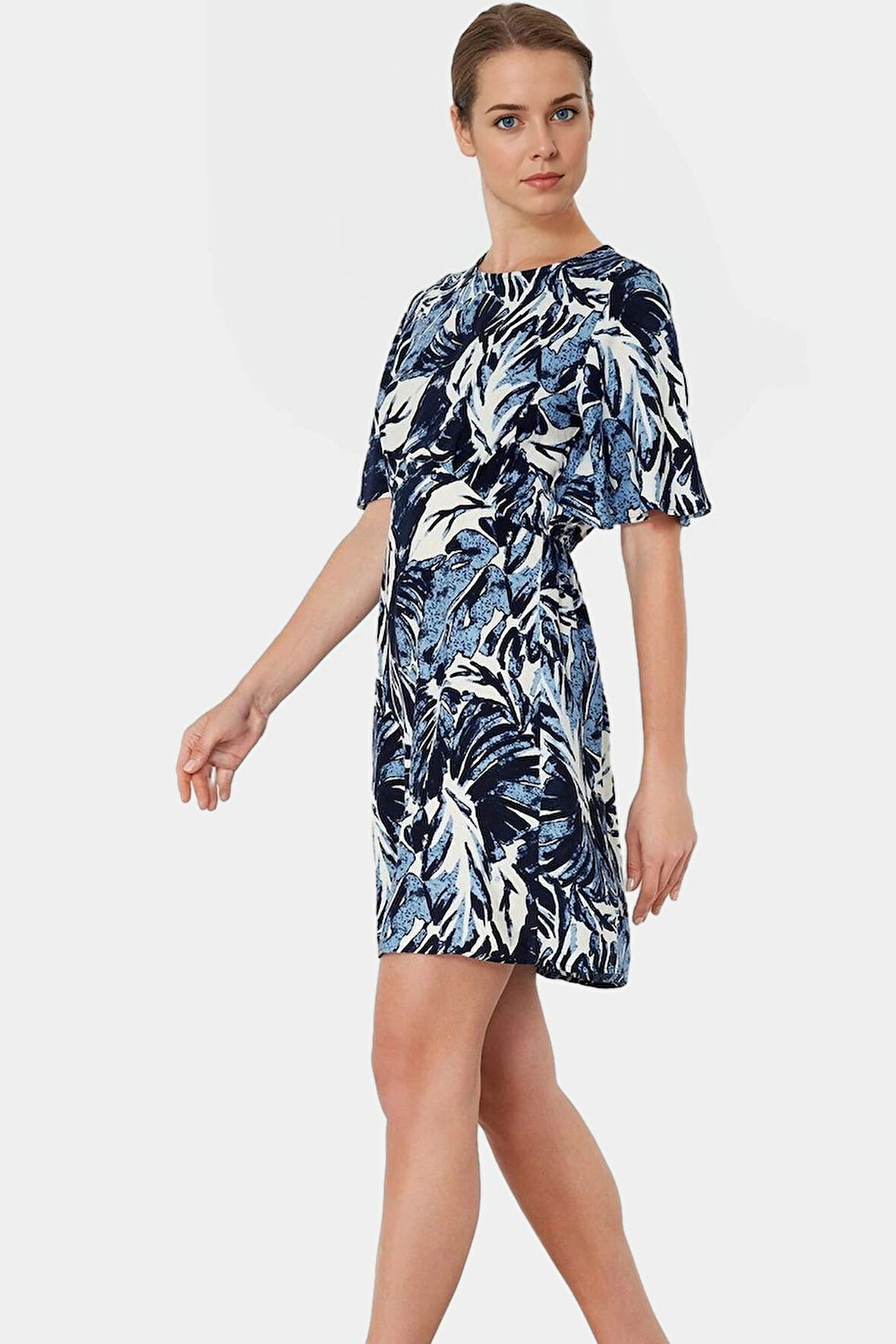 Yazlık Mini Elbise Tropikal Desenli Viskoz A Kesim Yüksek Kalite Seçkin Malzeme