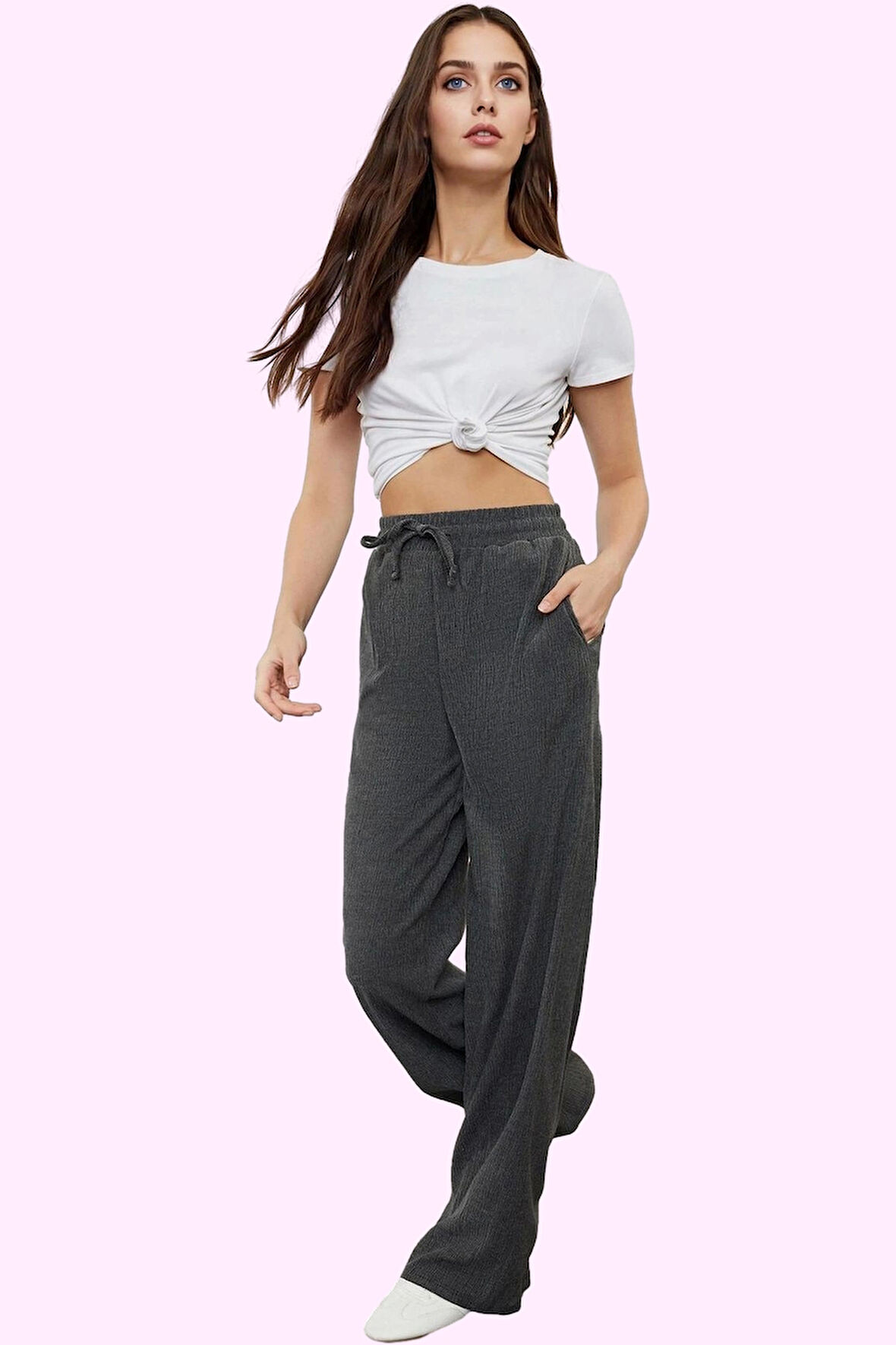 Kadın Düz Desen Normal Bel Geniş Paça Örme Pantolon Casual Günlük Yaz Aylarının Vazgeçilmezi