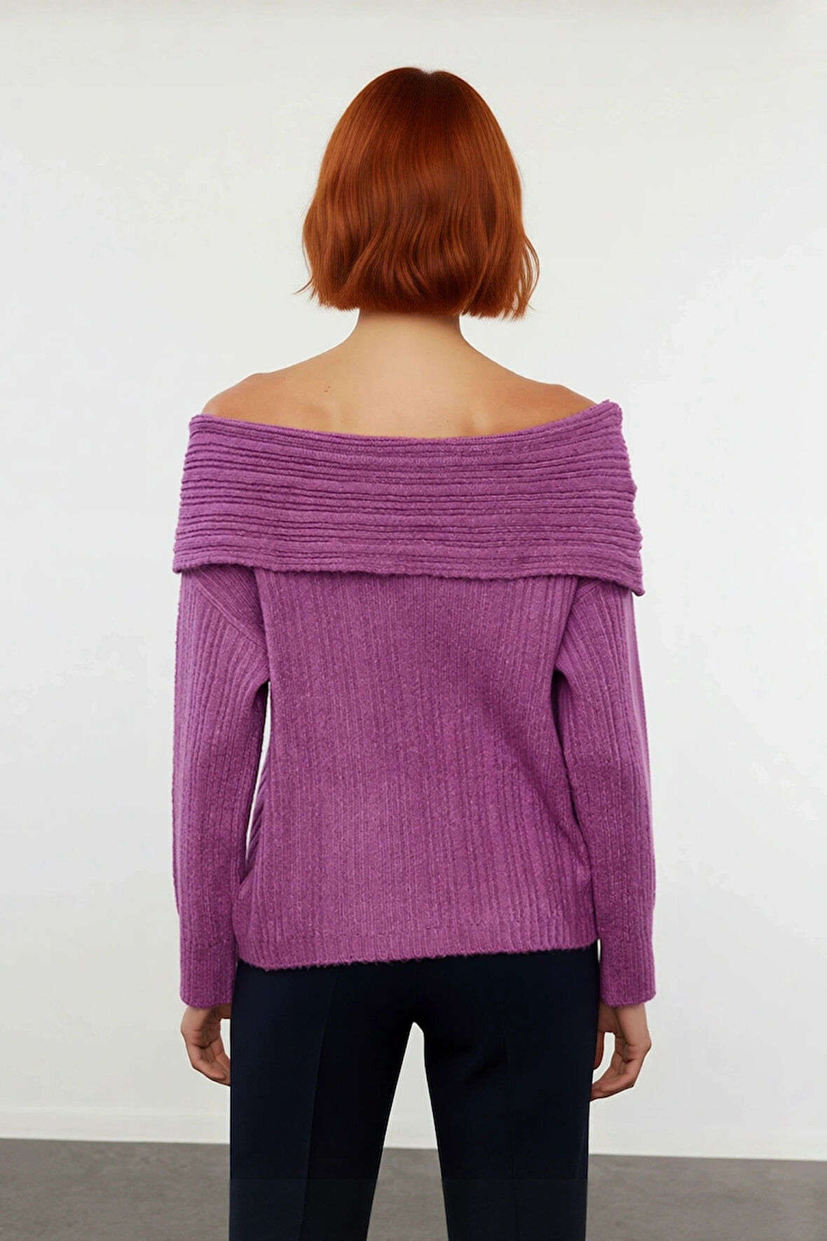 Kadın Uzun Kollu Fitilli Triko Kazak Carmen Yaka Regular Kalıp Şık Gündüz Gece Kombinleri Kaliteli