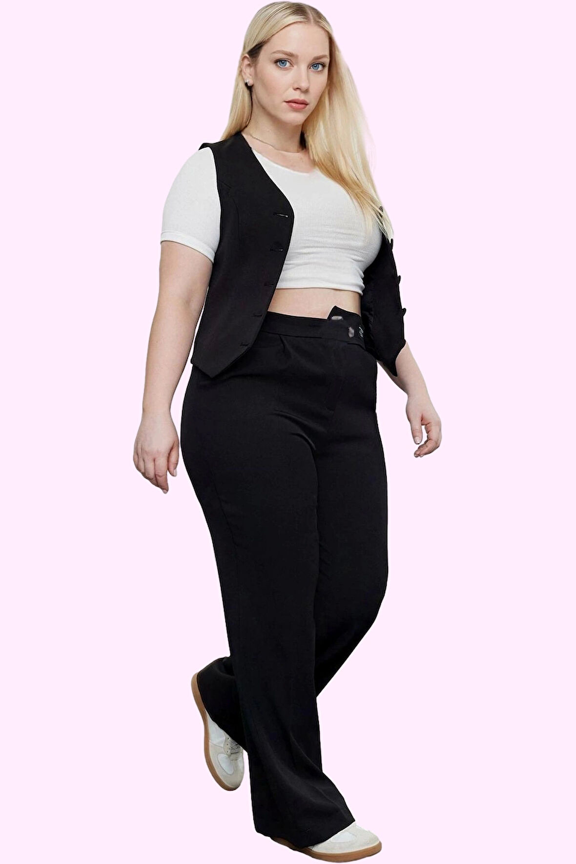 Kadın Büyük Beden Finike Dokuma Uzun Pantolon Yüksek Bel Wide Leg Günlük Dayanıklı Malzeme