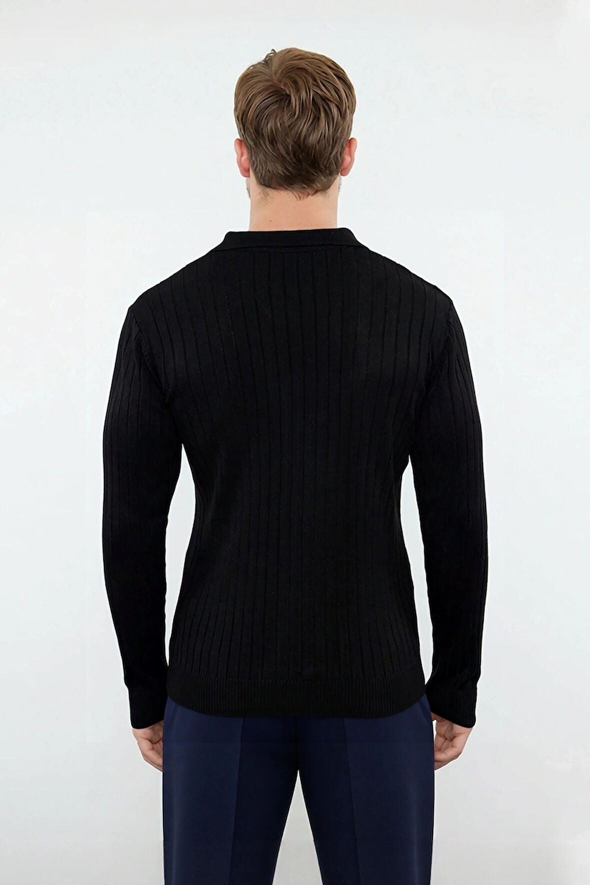 Erkek Düz Desen Fitted Polo Yaka Akrilik Triko Kazak Günlük Kullanım İçin Rahat ve Modern Kaliteli