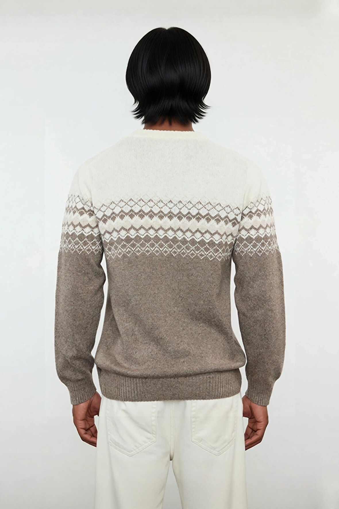 Erkek Fitted Bisiklet Yaka Etnik Desenli Triko Kazak Soğuk Havalar İçin Şık ve Konforlu Bir Tercih