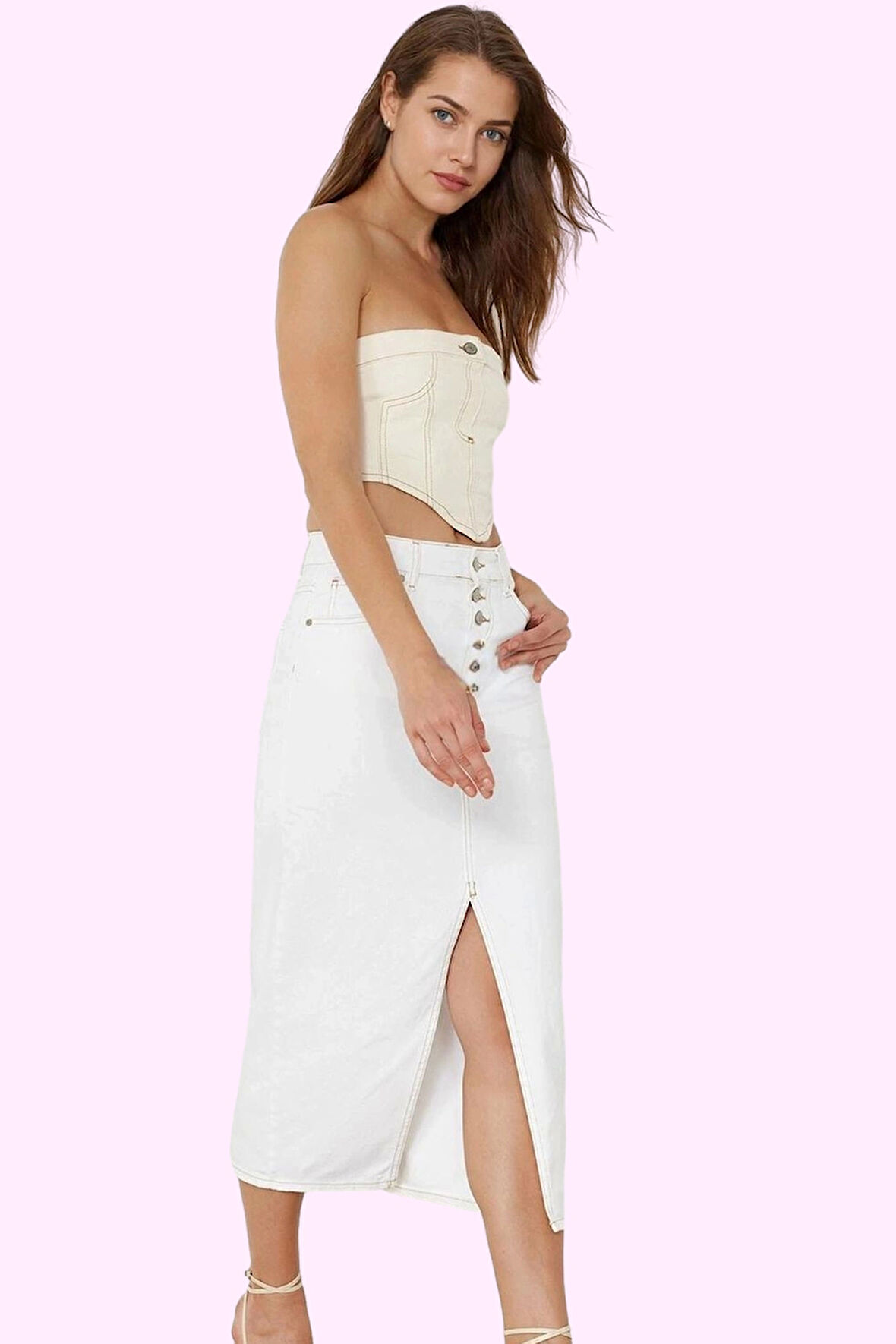 Kadın Pamuk Denim Midi Etek Yırtmaçlı A line Kalıp Günlük Şıklık Yaz Aylarının Vazgeçilmezi