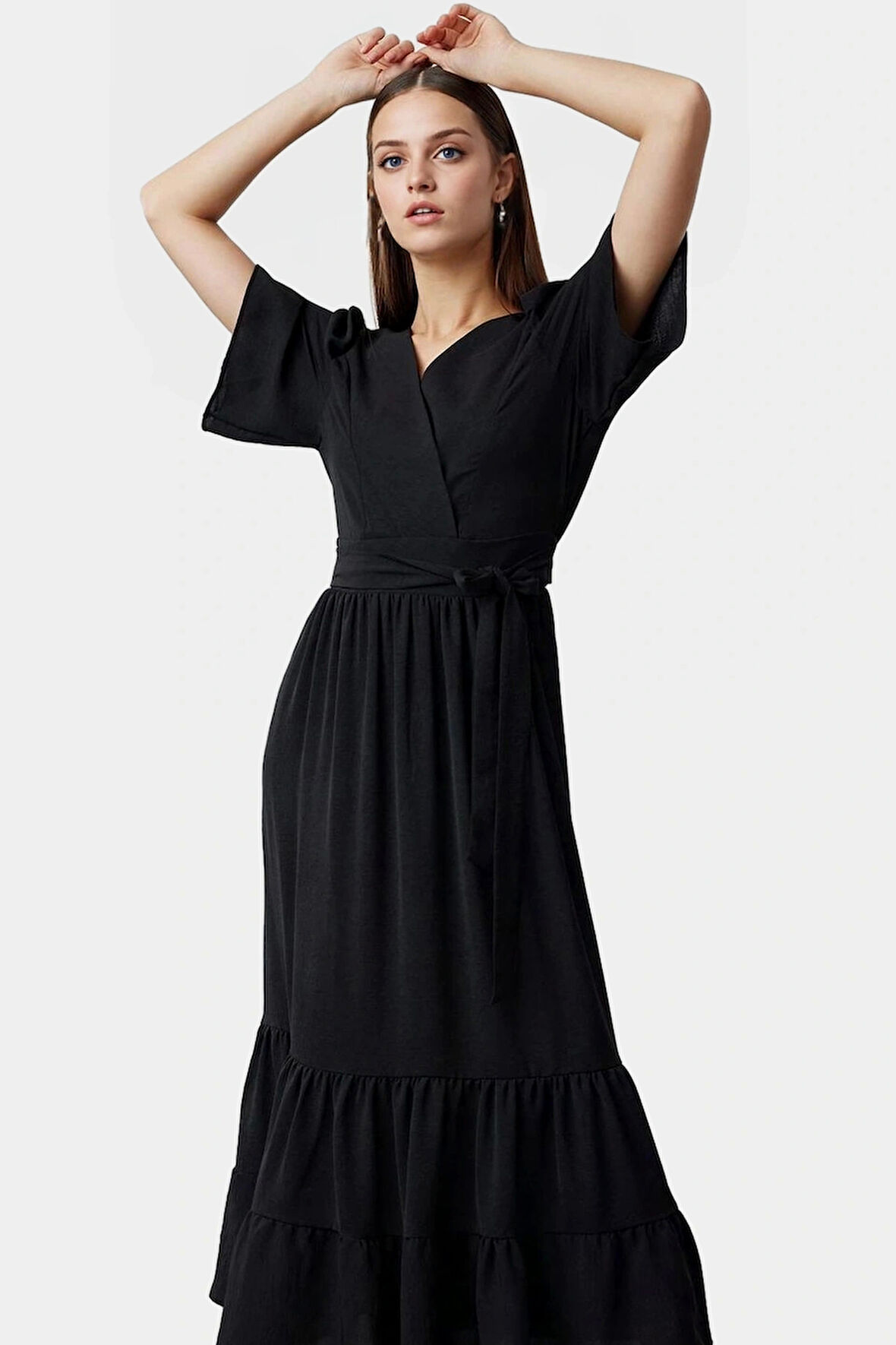 Yazlık Kısa Kollu Midi Elbise  Polyester Aerobin Dokuma Günlük Kullanım İçin Şık Görünüm