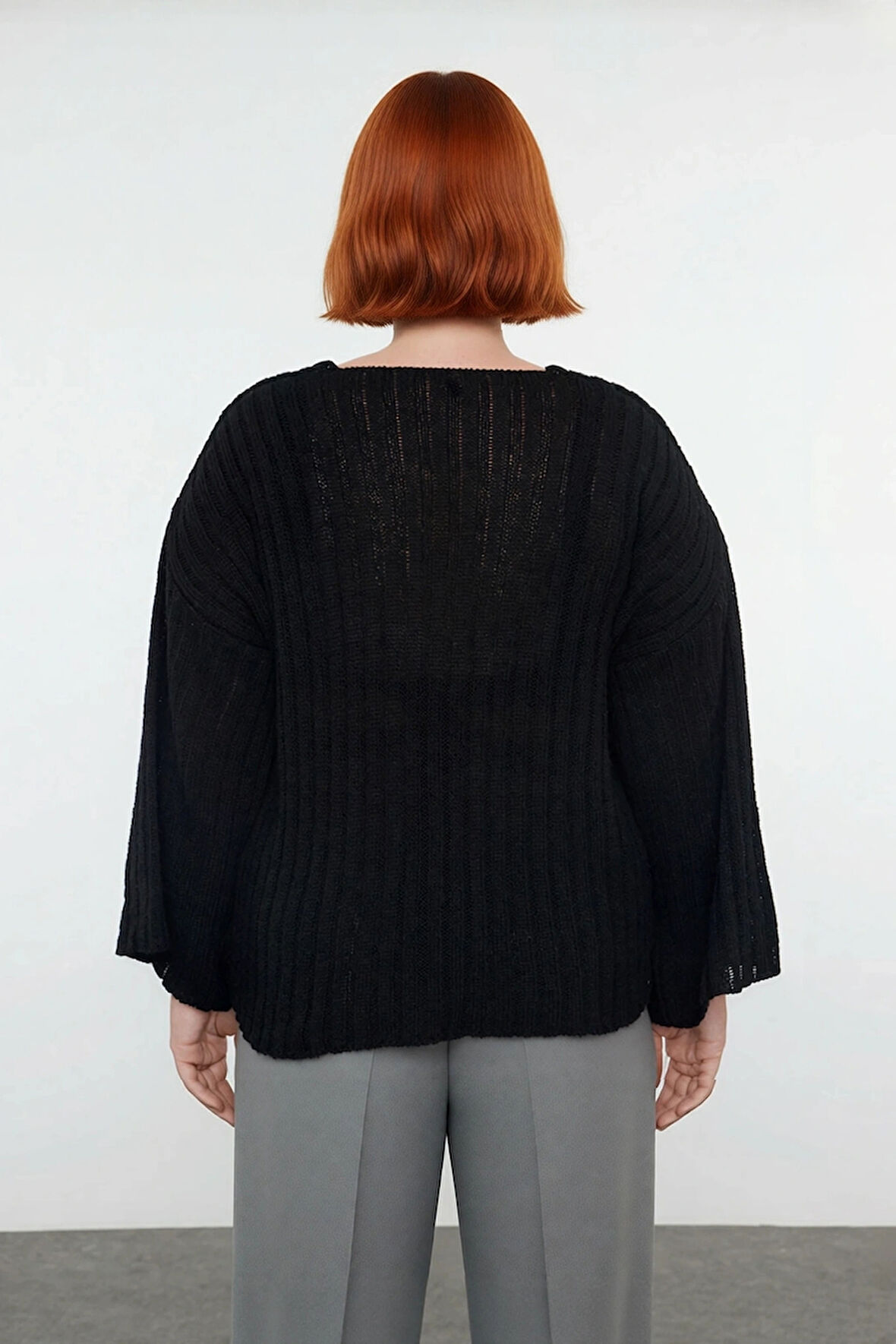 Kadın Rahat Düşük Kol V Yaka Triko Kazak Şık Düz Fitilli Regular Kalıp İlkbahar Sonbahar Kombini