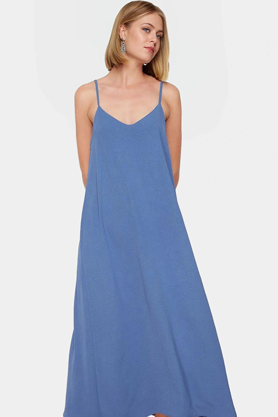 Rahat Yazlık Maxi Elbise Aerobin Dokuma Polyester Shift Kalıp V Yaka Konforlu Kesim