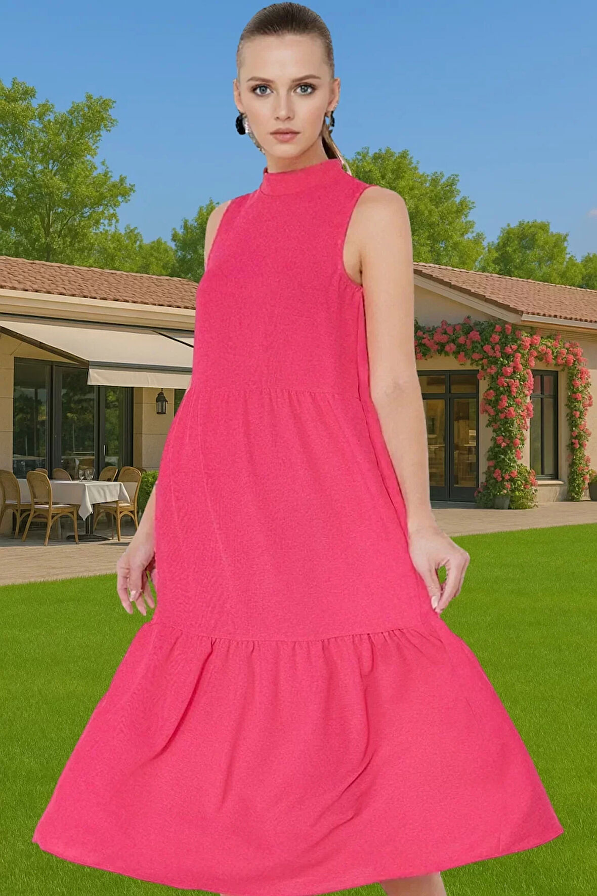 Kadın Yazlık Midi Elbise Nefes Alan Polyester Dokuma Kumaş Rahat Trend Tasarım Modern Stil