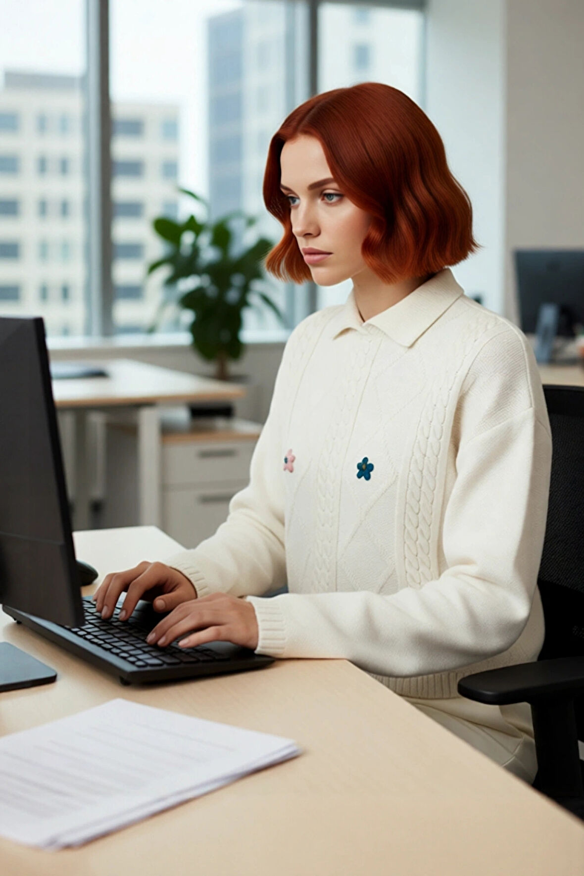 Kadın Bej Polo Yaka Crop Kesim Saç Örgü Desenli Akrilik Triko Kazak Soğuk Günler İçin İdeal