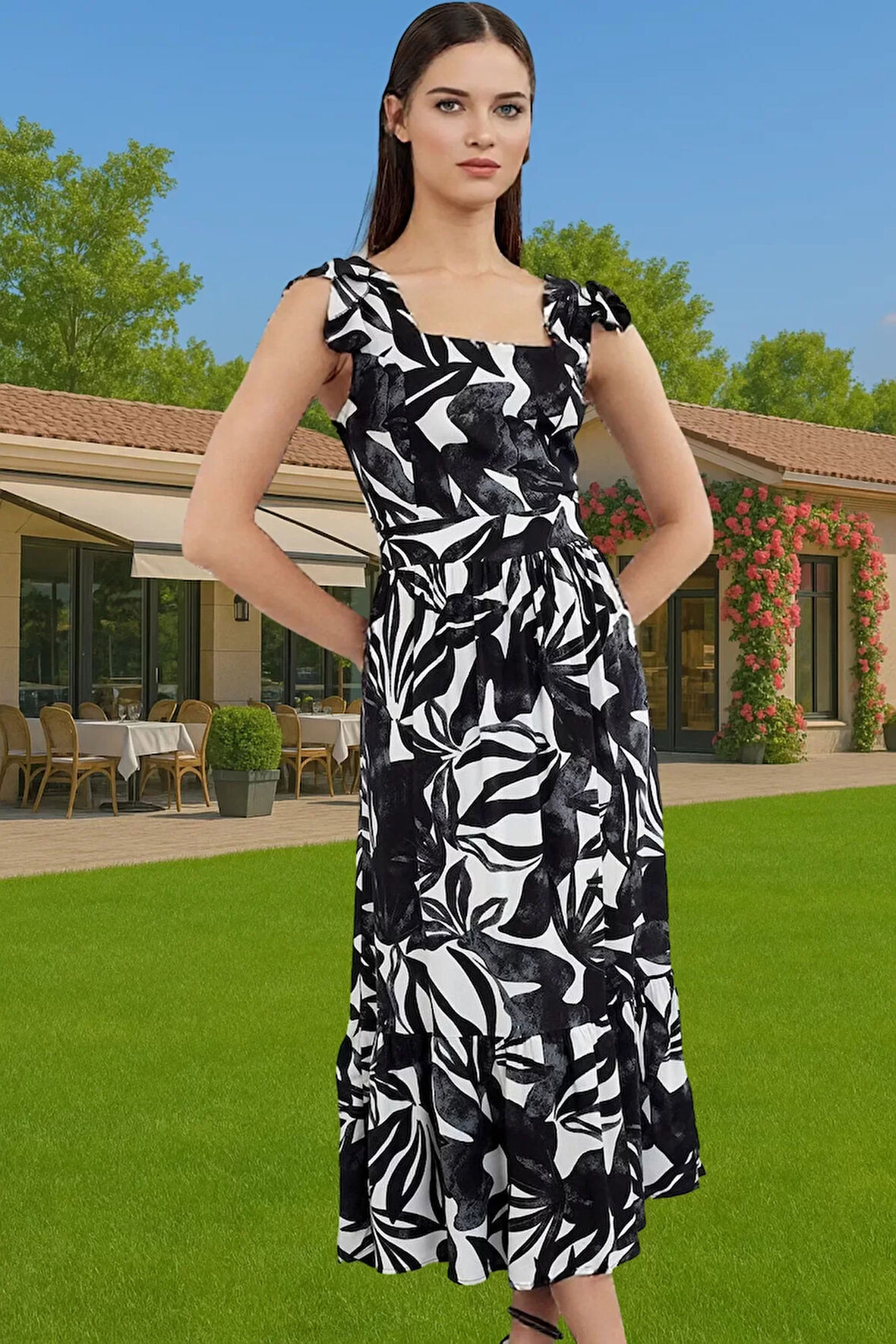 Feminen Çiçekli Desenli Viskoz Midi Elbise Kolsuz Kare Yaka Trend Tasarım Rahat Ve Şık Yüksek Kalite