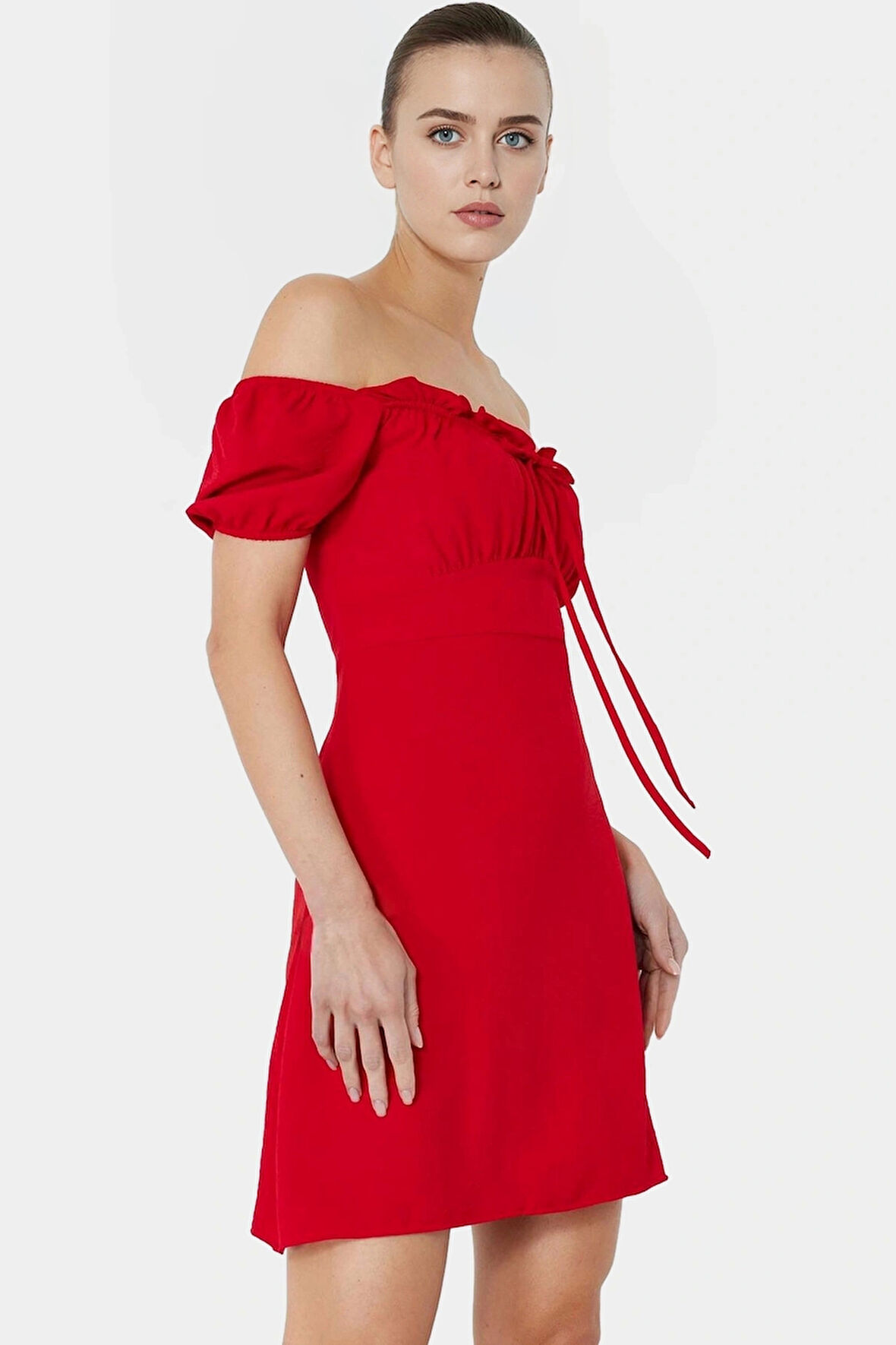 Polyester Krep Dokuma Mini Elbise Balon Kol A Line Kesim Kaliteli İşçilik