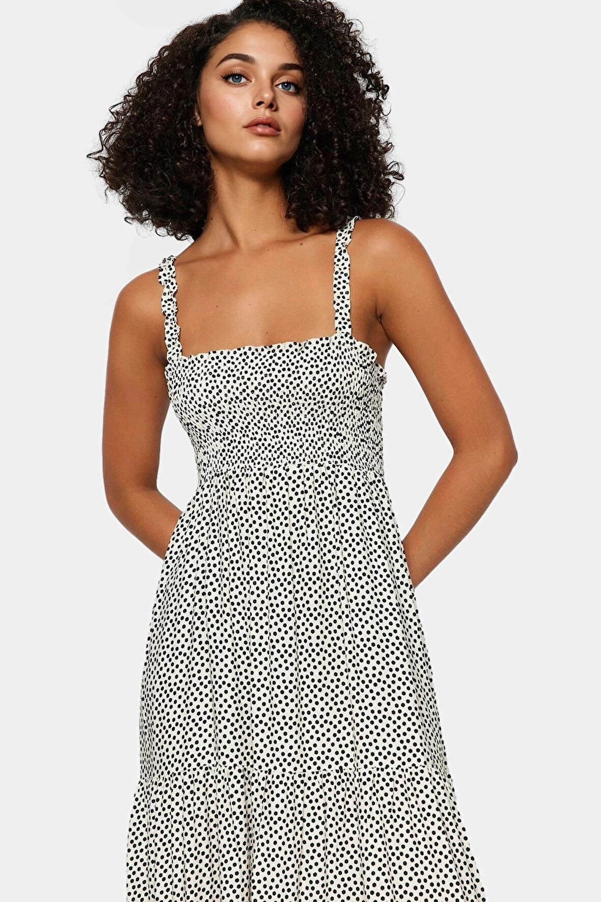 Rahat Kalıp Viskoz Midi Elbise Gipeli Detay Kare Yaka Puantiyeli Konforlu Kesim