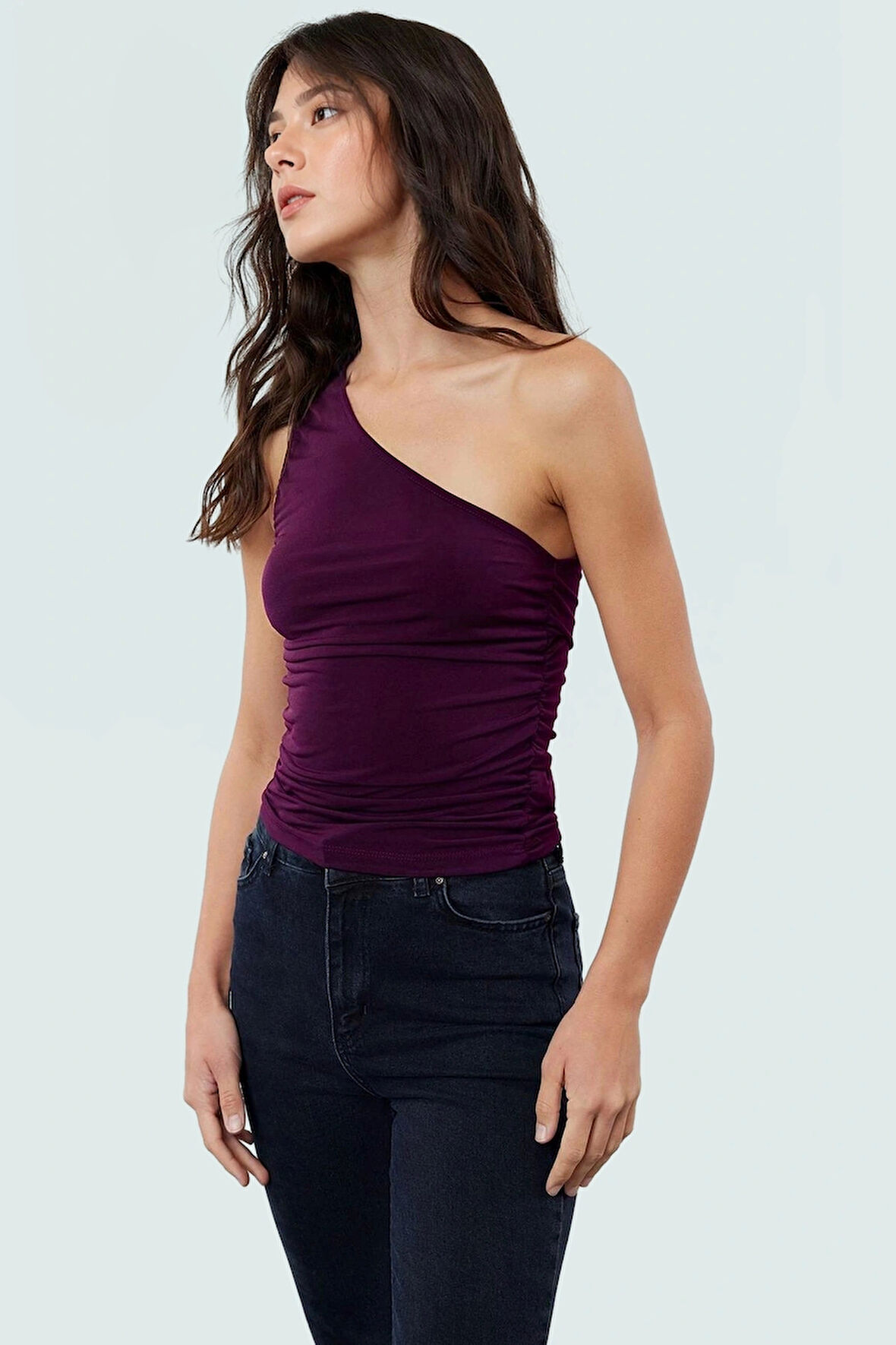 Asimetrik Yaka Örme Bluz Tek Omuz Büzgü Detay Crop Rahat Ve Şık Trend Tasarım Yüksek Kalite