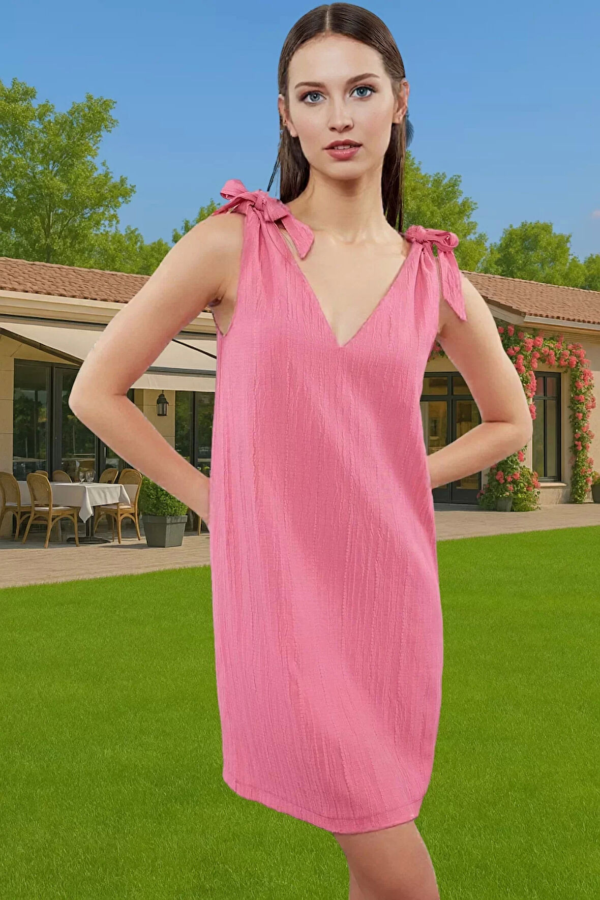 Rahat V Yaka Bağlamalı Mini Elbise Crinkle Dokuma Polyester Yazlık Seçkin Malzeme Yüksek Kalite