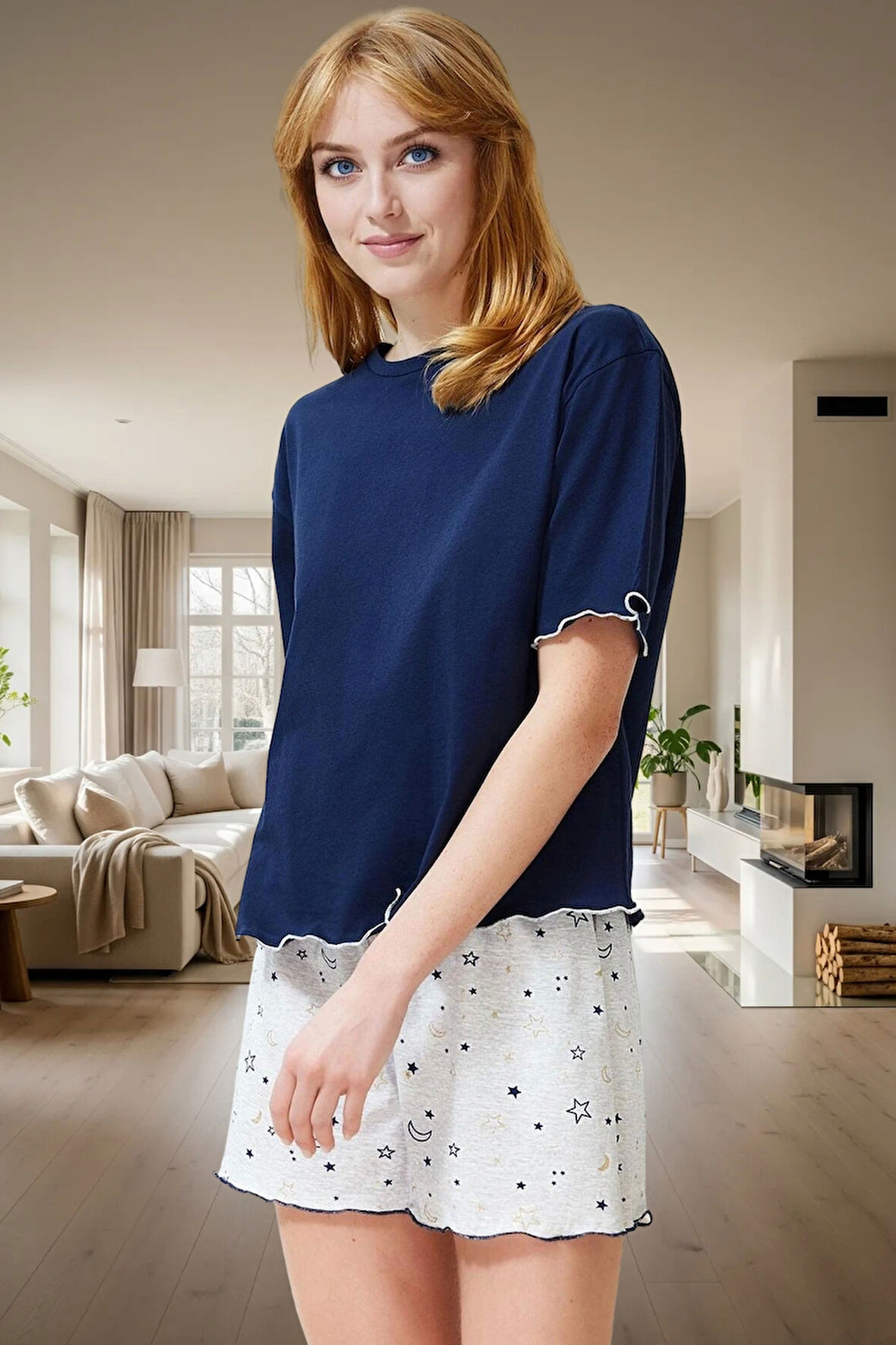 Yazlık Örme Pijama Takımı Galaksi Desenli Baby Overlok Detaylı Modern Stil Konforlu Kesim