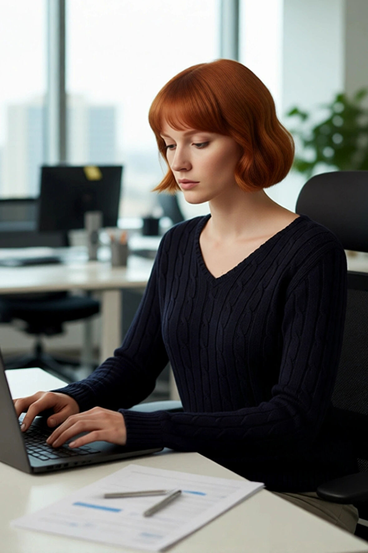 Kadın Lacivert Regular Kalıp V Yaka Saç Örgü Desenli Uzun Kollu Triko Kazak Günlük Kullanım