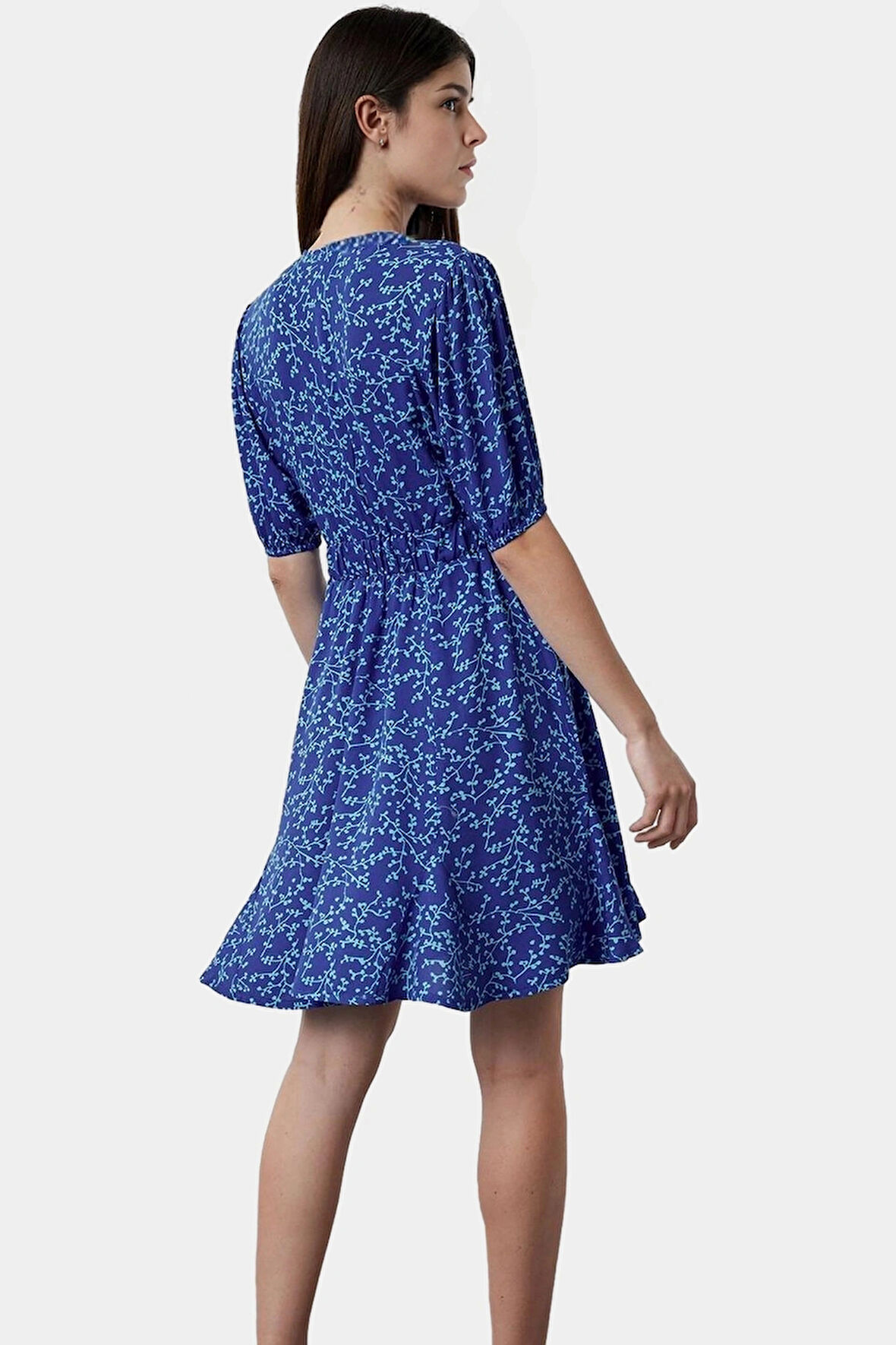 Shally Dokuma Mini Elbise V Yaka Kısa Kollu Çiçek Desenli Rahat Seçkin Malzeme Modern Stil