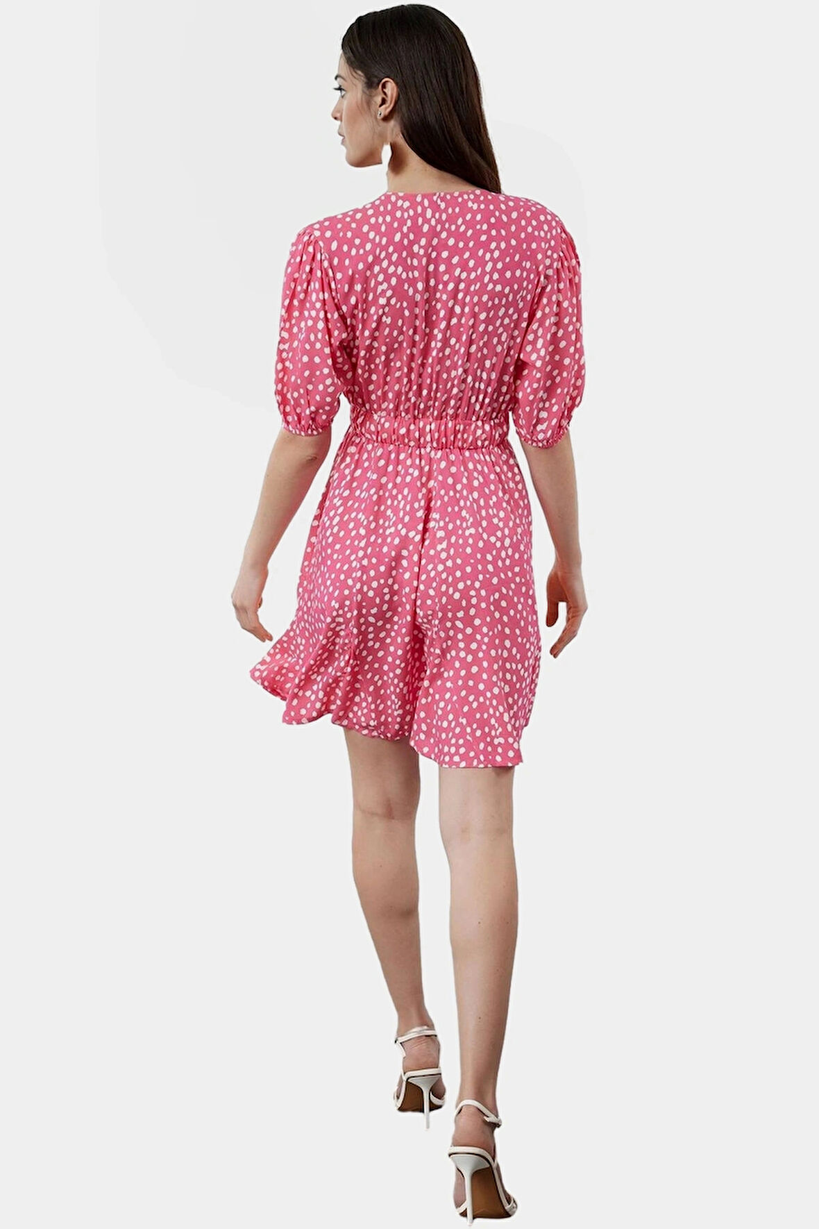 Shally Dokuma Mini Elbise V Yaka Kısa Kollu Çiçek Desenli Rahat Seçkin Malzeme Modern Stil