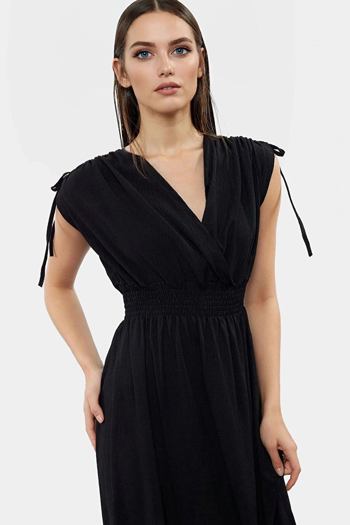 Desenli Midi Elbise Yazlık Rahat Polyester Kruvaze Beli Lastikli Kullanım