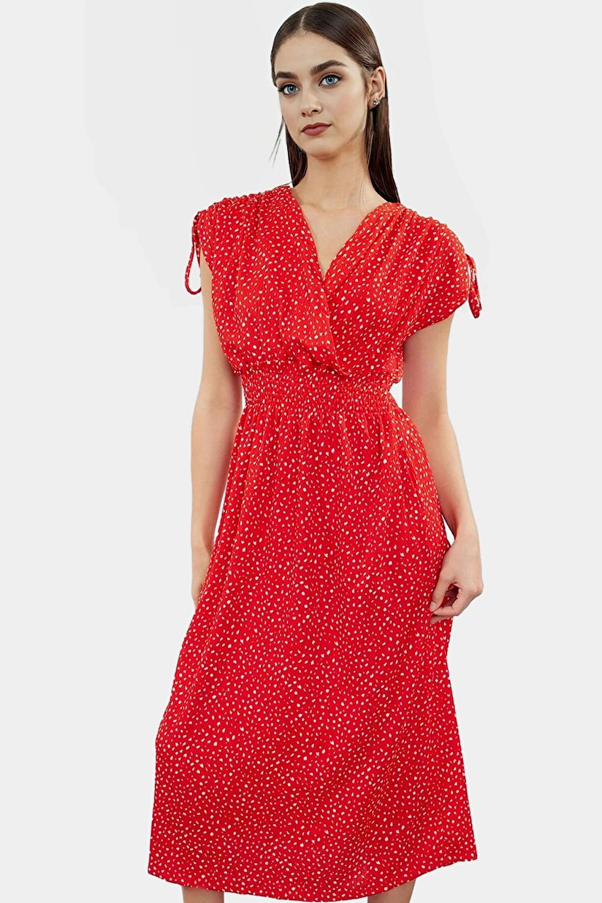 Desenli Midi Elbise Yazlık Rahat Polyester Kruvaze Beli Lastikli Kullanım