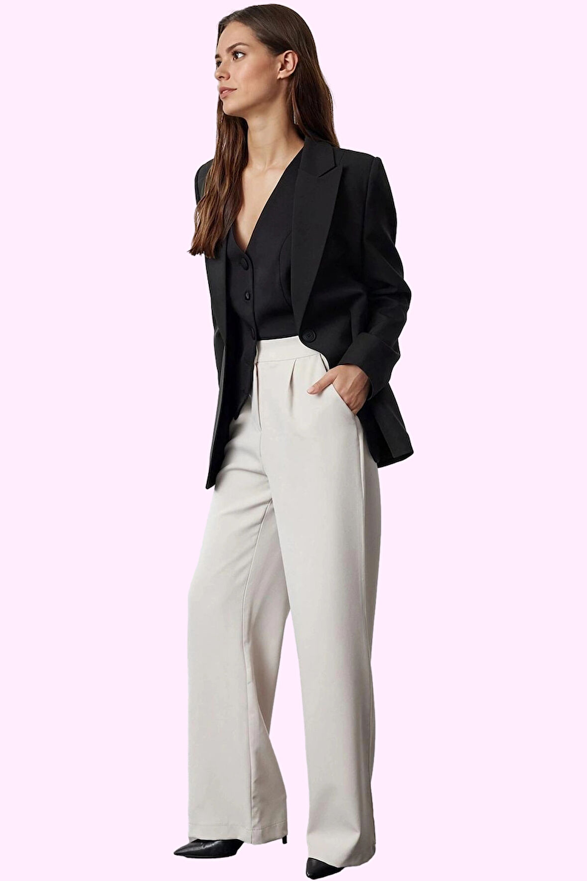 Kadın Casual Wide Leg Pantolon Dokuma Kumaş Yüksek Bel Çift Cepli Günlük Dayanıklı Malzeme