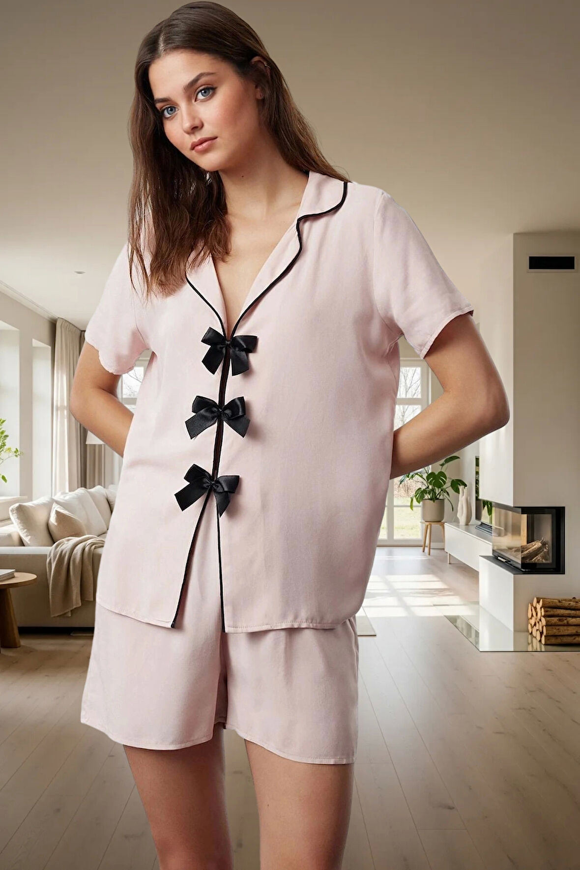 Rahat Yazlık Pijama Takımı Viskoz Kurdele Detaylı Şortlu Kaliteli İşçilik Özenle Seçilmiş