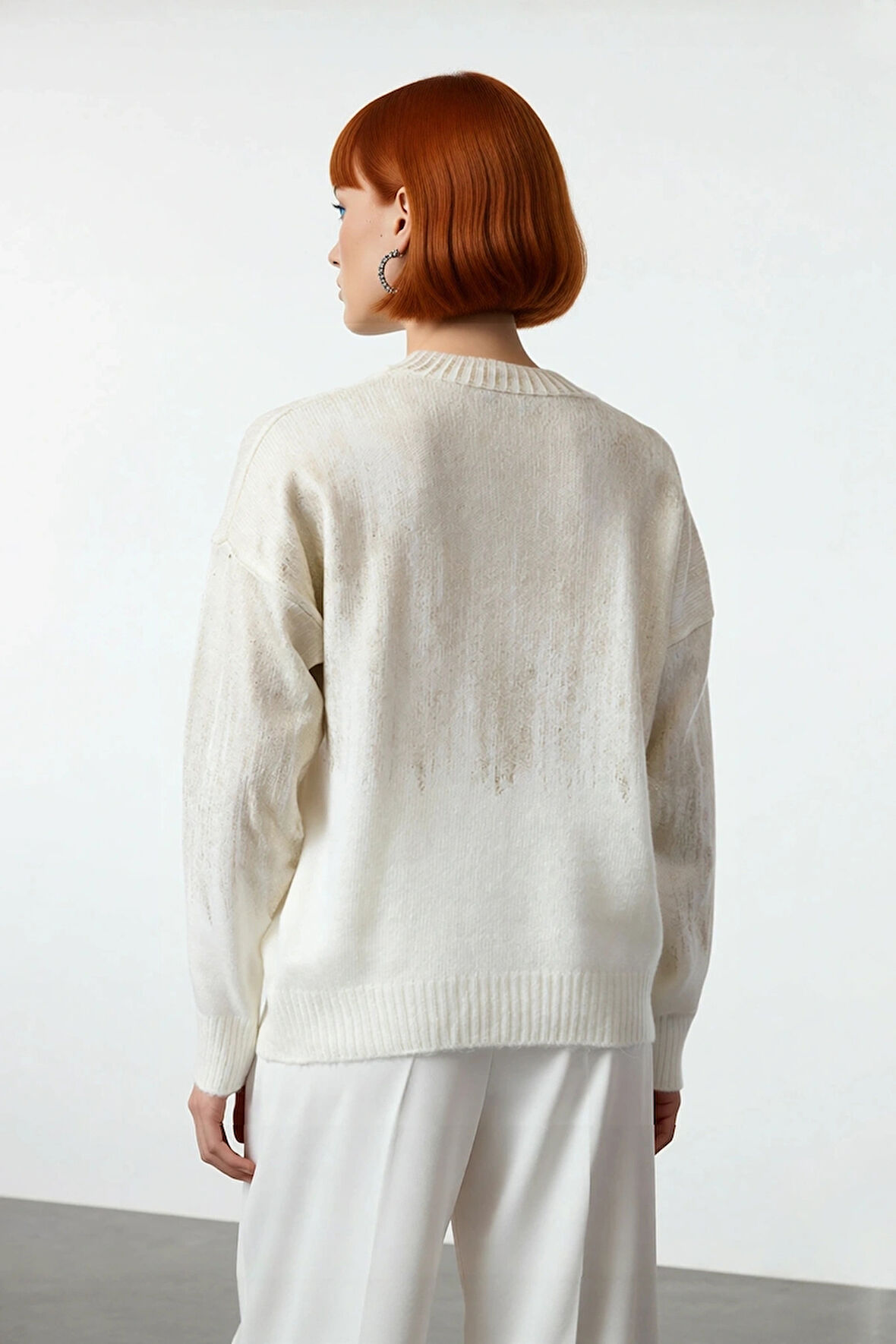 Kadın Oversize Rahat Kesim Basic Gri Metalik Triko Uzun Kollu Bisiklet Yaka Kışlık Kazak Kaliteli