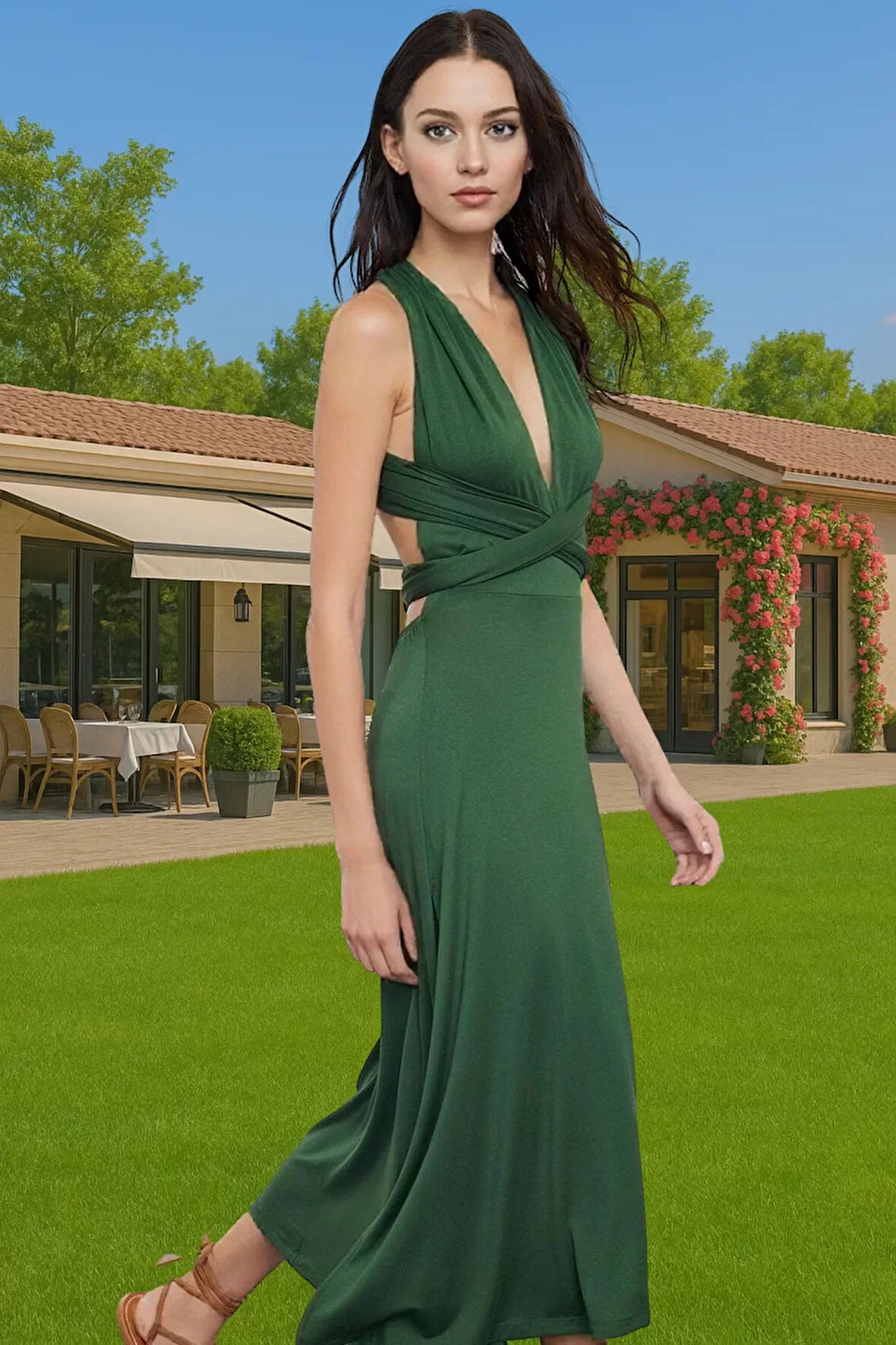 Şık Bodycon Midi Örme Elbise V Yaka Viskoz Yazlık Yüksek Kalite Modern Stil Seçkin Malzeme