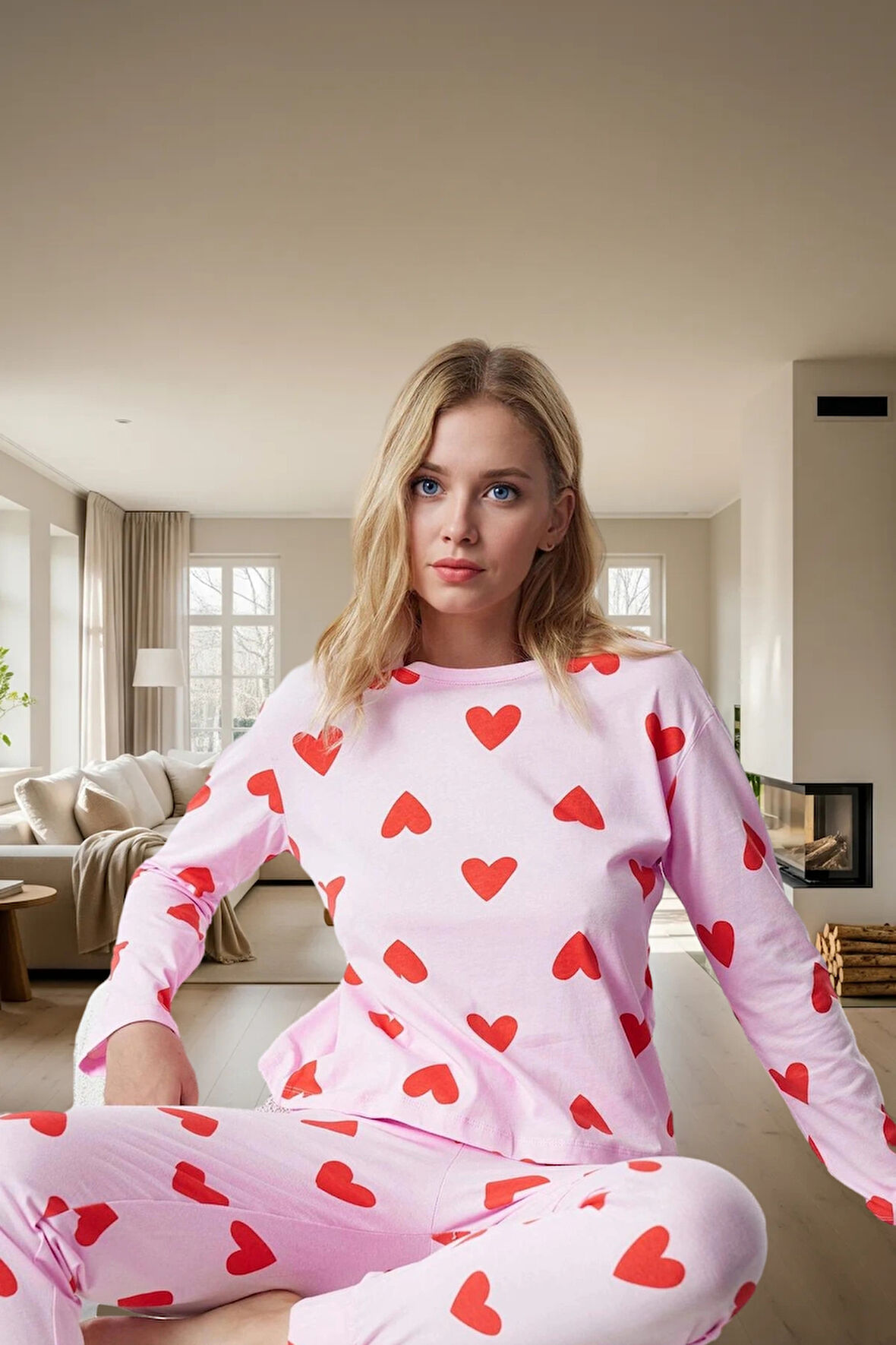 Kışlık Rahatlık 2'li Kalpli Örme Pijama Takımı %100 Pamuk Mükemmel Uyum Özenle Seçilmiş
