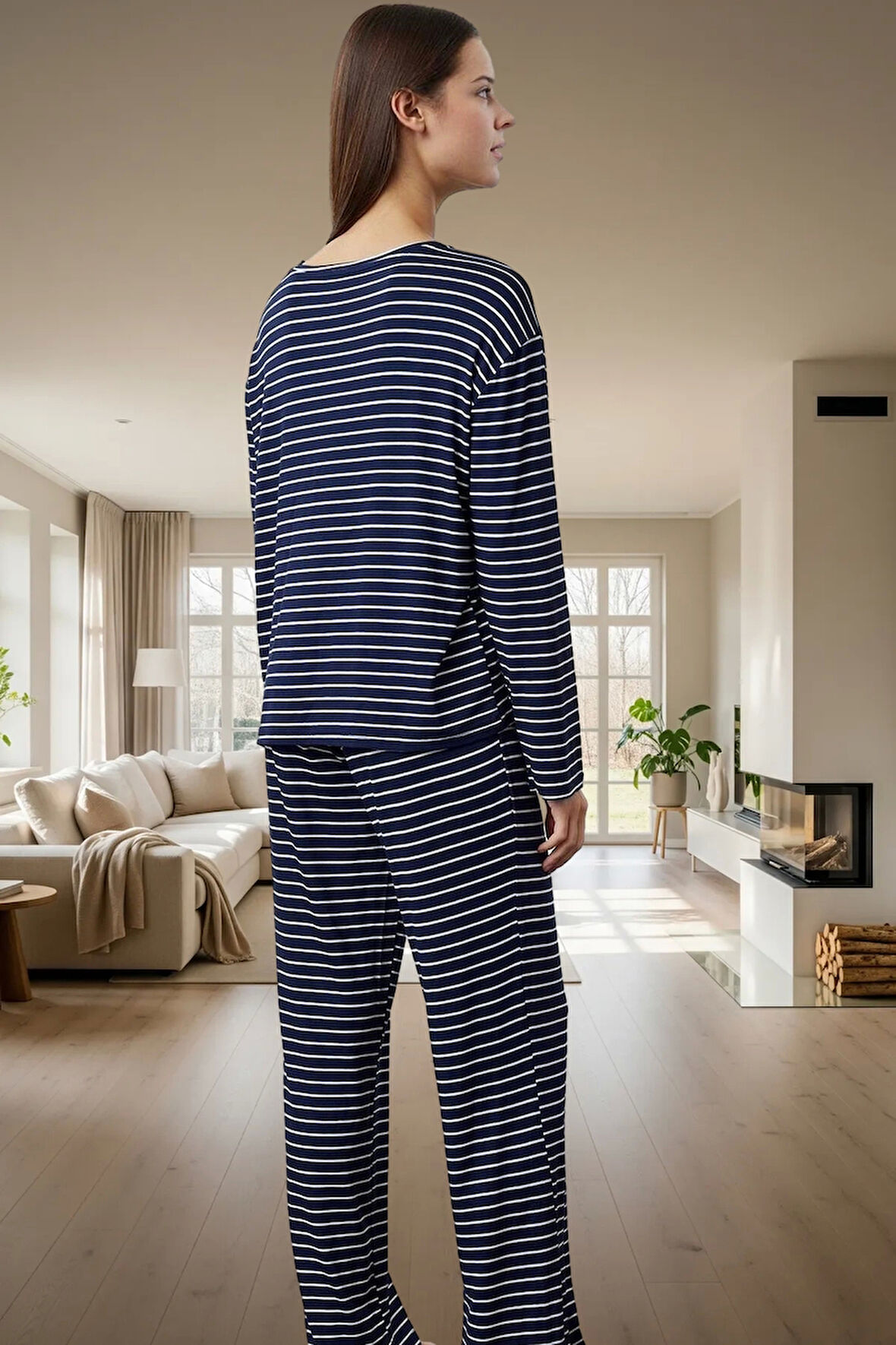 Kışlık Rahat Pijama Takımı 96% Viskon Çizgili Geniş Paça Yüksek Kalite Mükemmel Uyum