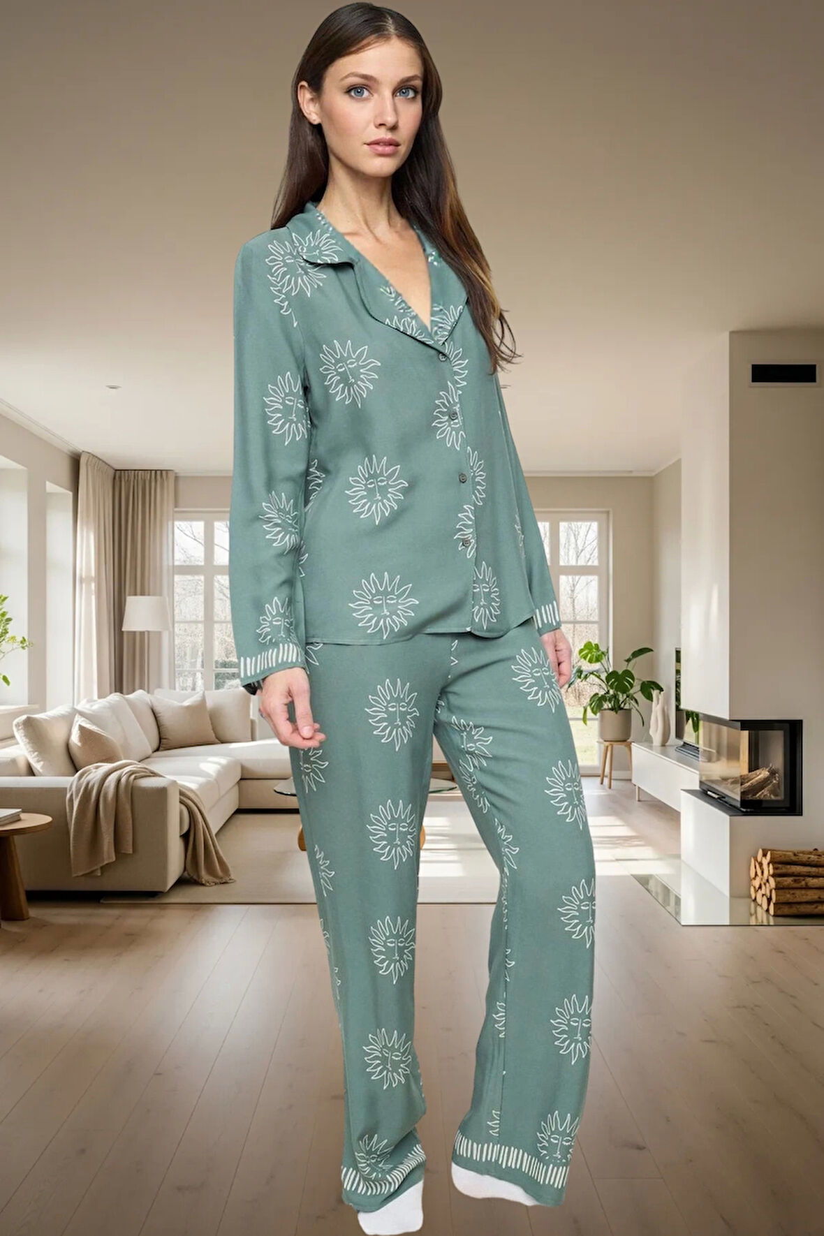 Kışlık 2'li Pijama Takımı Güneş Desenli Viskon Dokuma Regular Kalıp Şık Görünüm