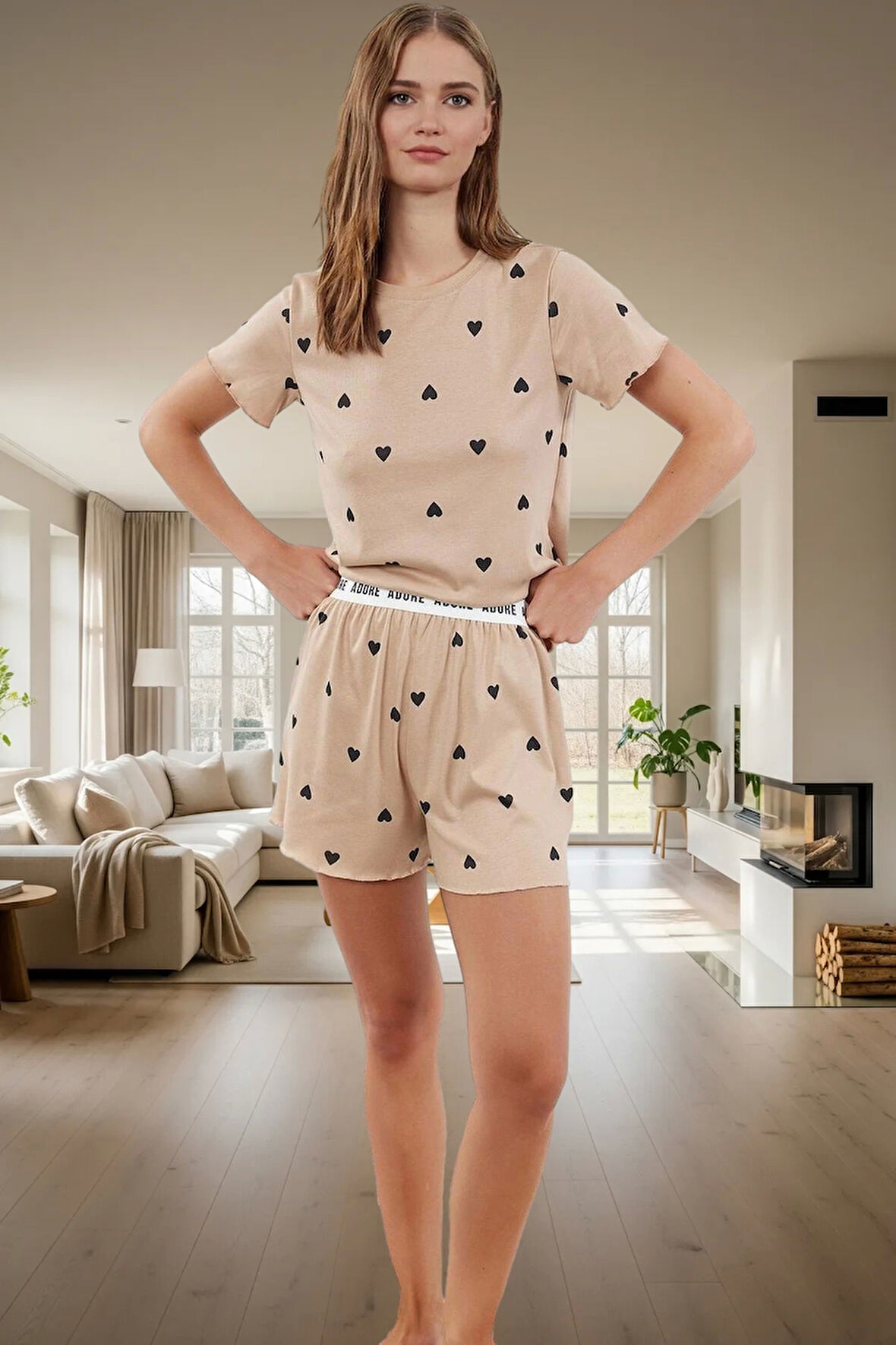 Kalpli Desenli Pijama Takımı Yumuşak Örme Kumaş Lastikli Şort 2'li Takım Premium Kalite