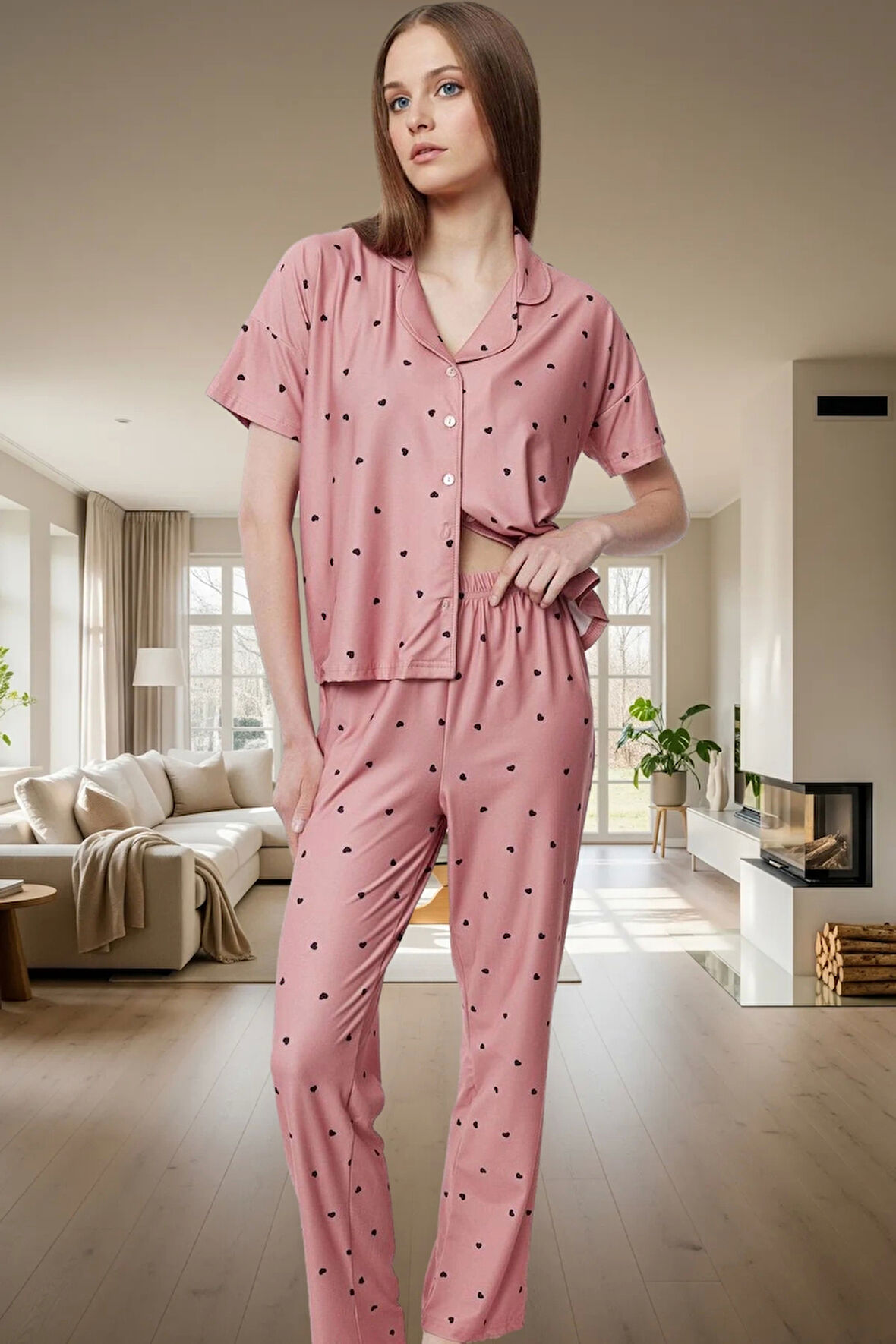 Rahat ve Şık Örme Pijama Takımı Kalp Desenli Regular Kalıp Özenle Seçilmiş Modern Stil