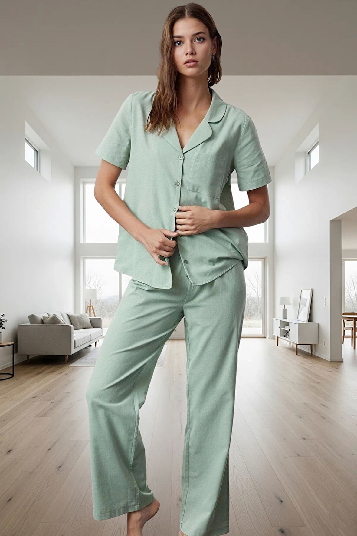 Dokuma Pamuklu Pijama Takımı Basic Siluet Tüm Sezonlar İçin Uygun Konforlu Kesim