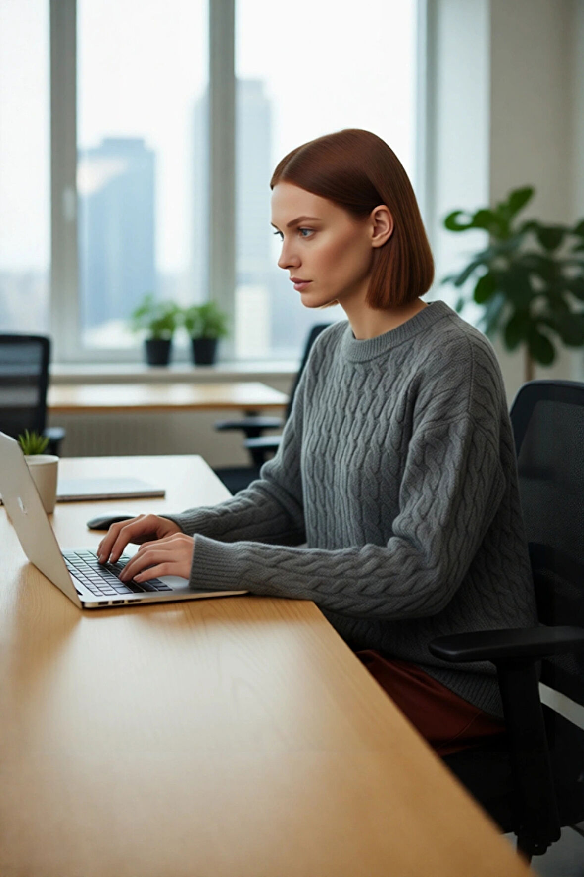 Kadınlara Özel Yumuşak Dokulu Antrasit Regular Kesim Saç Örgü Uzun Kollu Triko Kazak Kaliteli