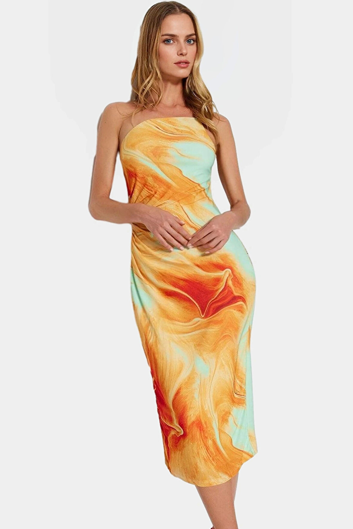Asimetrik Yaka Midi Elbise Vücut Saran Kalıp Polyester Elastan Kumaş Günlük Kullanım Yüksek Kalite