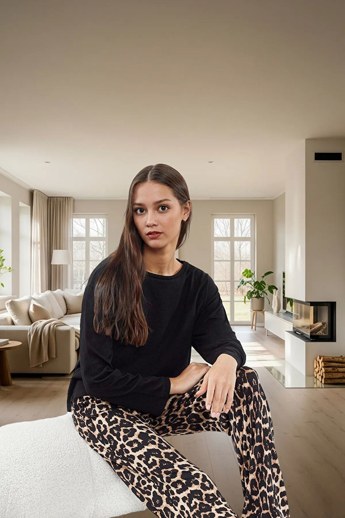 2'li Leopar Desenli Örme Pijama Takımı Kışlık Kaliteli İşçilik Profesyonel Görünüm