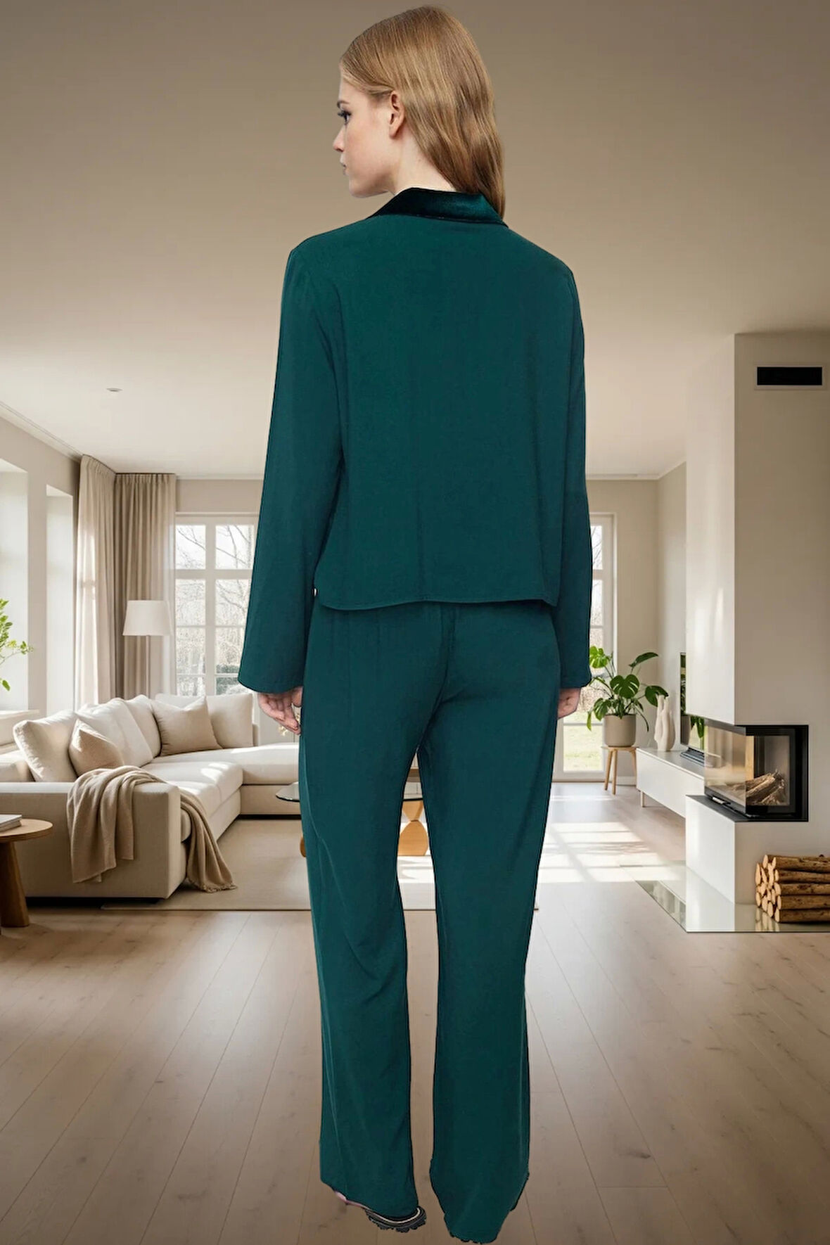 Zümrüt Kadife Detaylı Viskoz Pijama Takımı Kışlık Rahat Homewear Premium Kalite