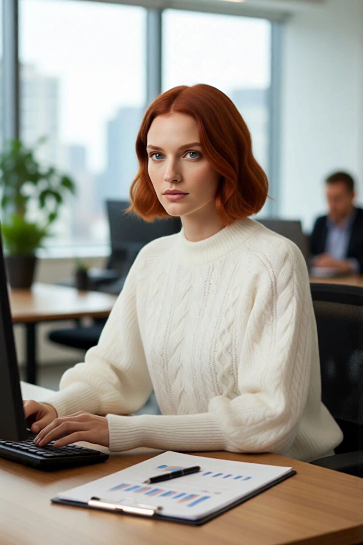 Kadın Regular Fit Yumuşak Dokulu Triko Kazak Balon Kol Dik Yaka Saç Örgü Kış Sezonu Şıklığı