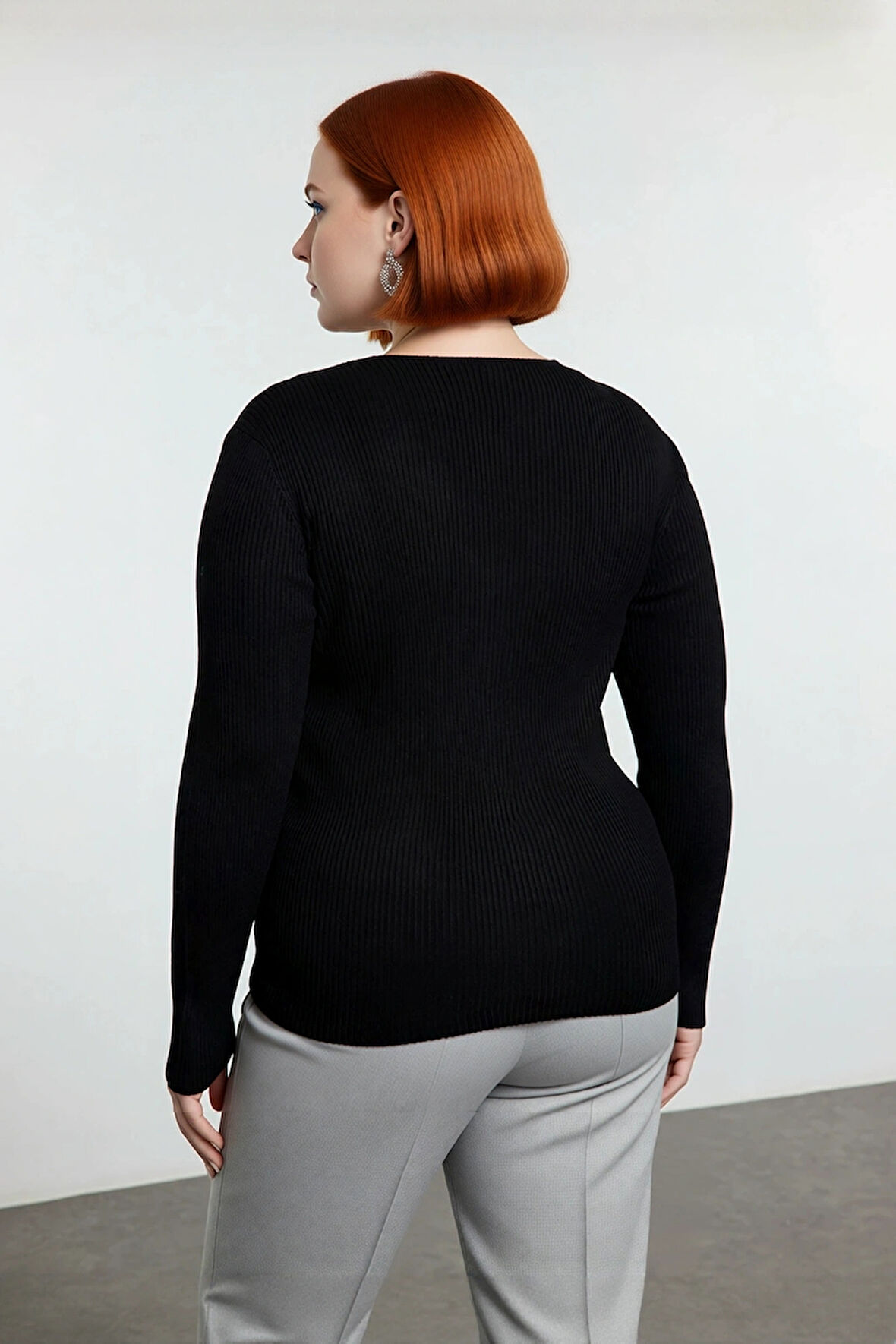 Kadın Şık ve Rahat Fitted Kalıp V Yaka Triko Kazak Düğüm Detaylı Fitilli Akrilik Örgü Kaliteli