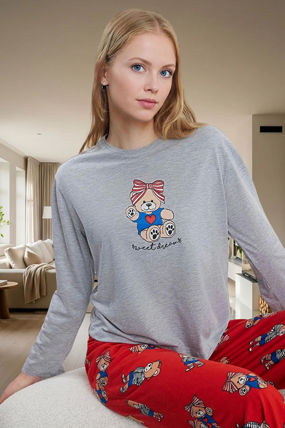 Rahat Kışlık Örme Pijama Takımı; ve Ayıcıklı Desen 2 Adet Kullanım Özel Tasarım