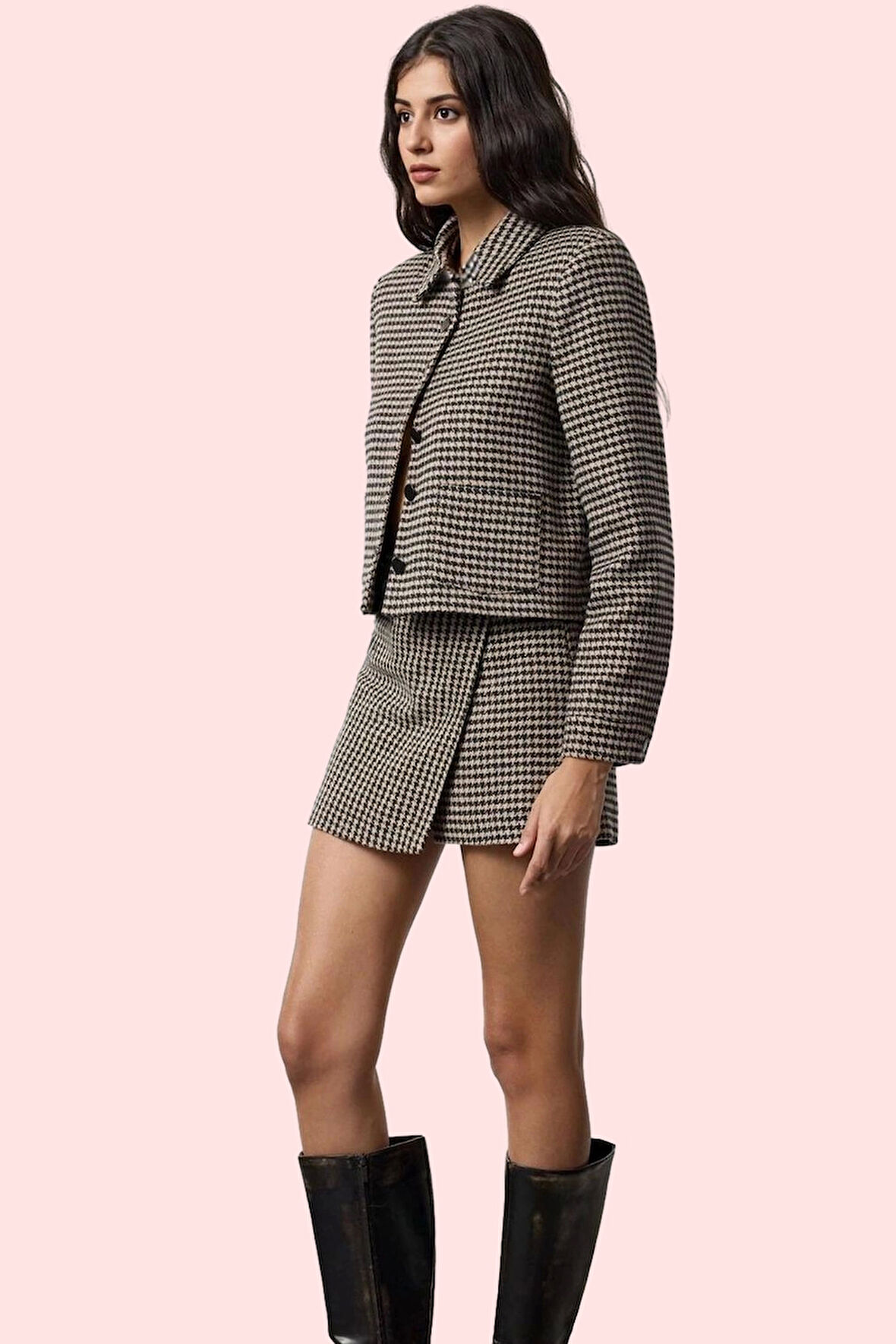 Kadın Şort Etek Dokuma Kumaş Kazayağı Desenli Yüksek Bel Kısa Boy Casual Dayanıklı Malzeme