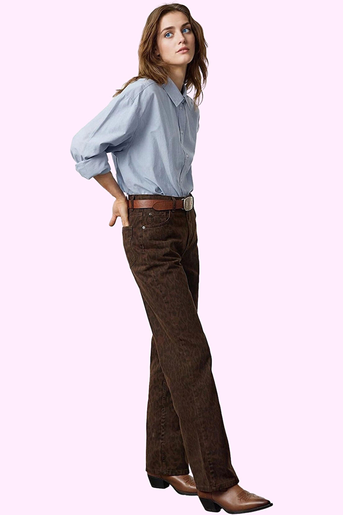 Kadın Pamuk Denim Jean; Çok Leopar Yüksek Bel Geniş Paça Günlük Şıklık Yaz Aylarının Vazgeçilmezi