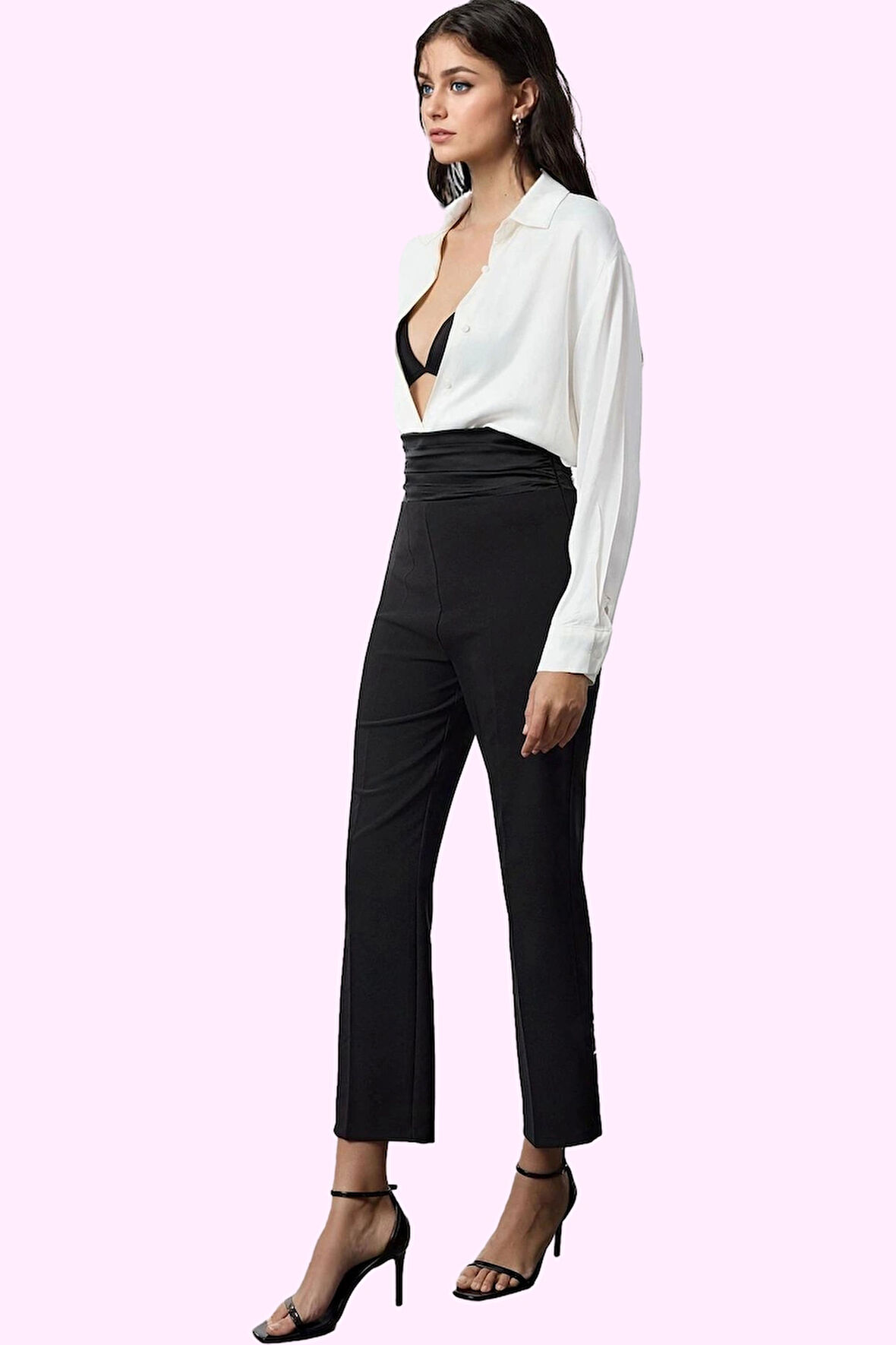 Kadın Şık Gece Pantolonu Yüksek Bel Boru Paça Polyester Karışımlı Dokuma Dayanıklı Malzeme