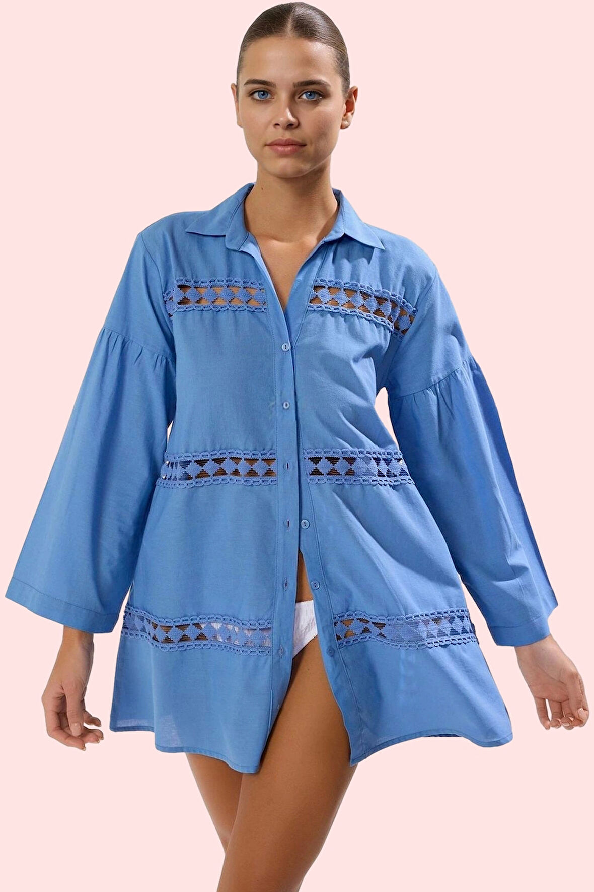 Kadın Basic Gömlek Pamuk Dokuma Kumaş Şerit Detaylı Plaj Şıklığı Yaz Aylarının Vazgeçilmezi