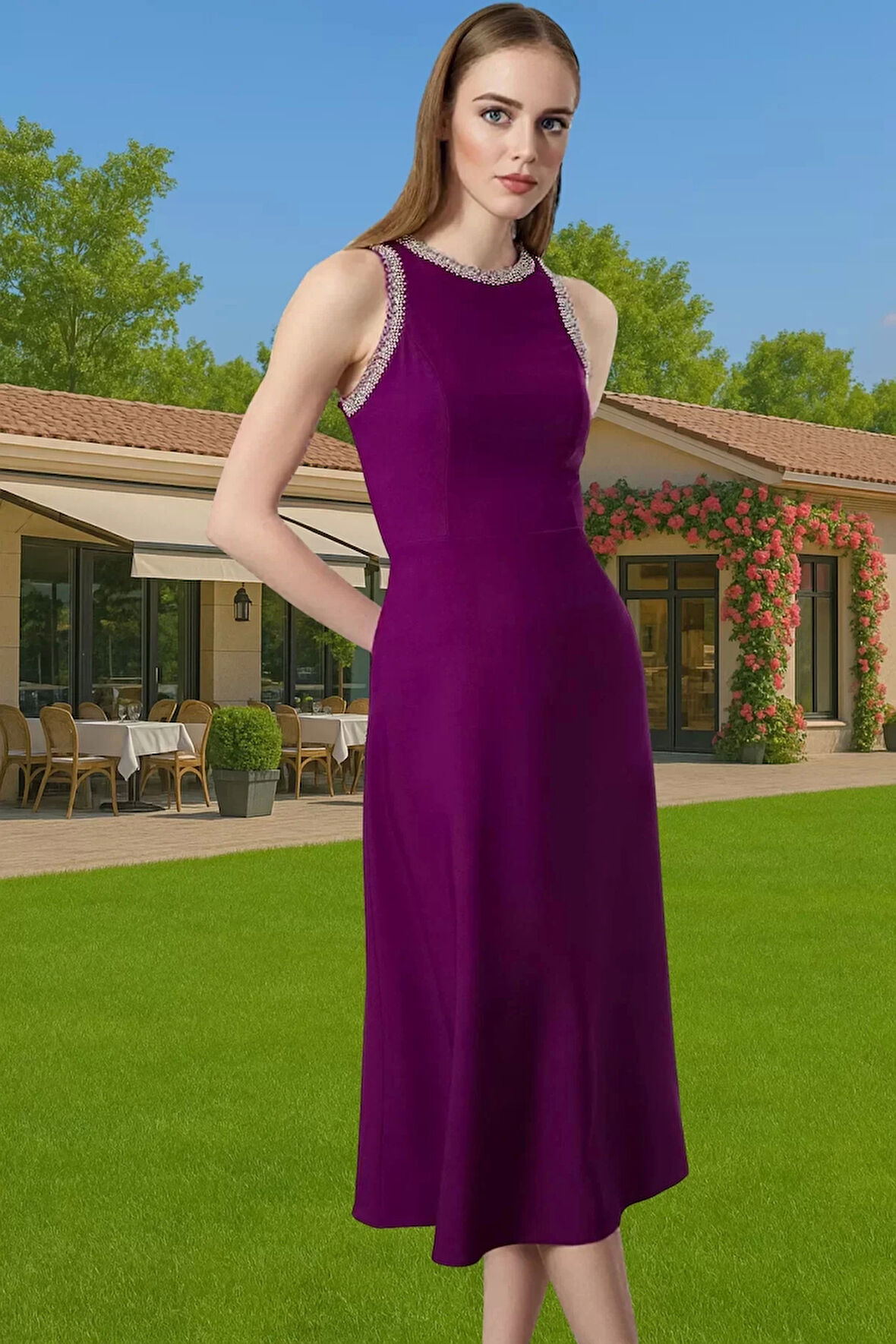 Halter Yaka Taş Detaylı Polyester Abiye Elbise Trend Tasarım Kaliteli İşçilik Özenle Seçilmiş