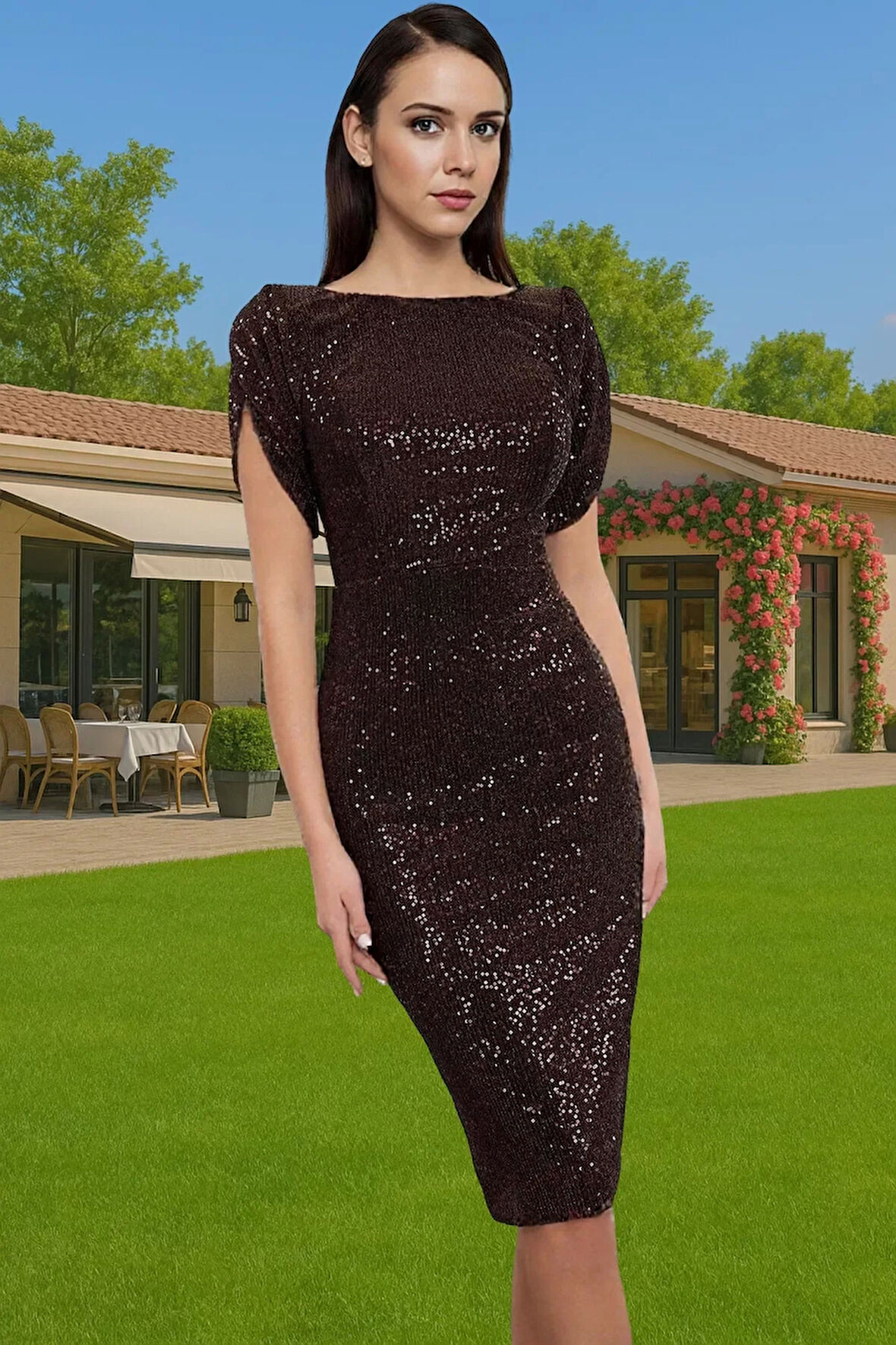 Altın Örme Payet Abiye Elbise Astarlı Bodycon Kalıp Kısa Kollu Şık Görünüm Konforlu Kesim