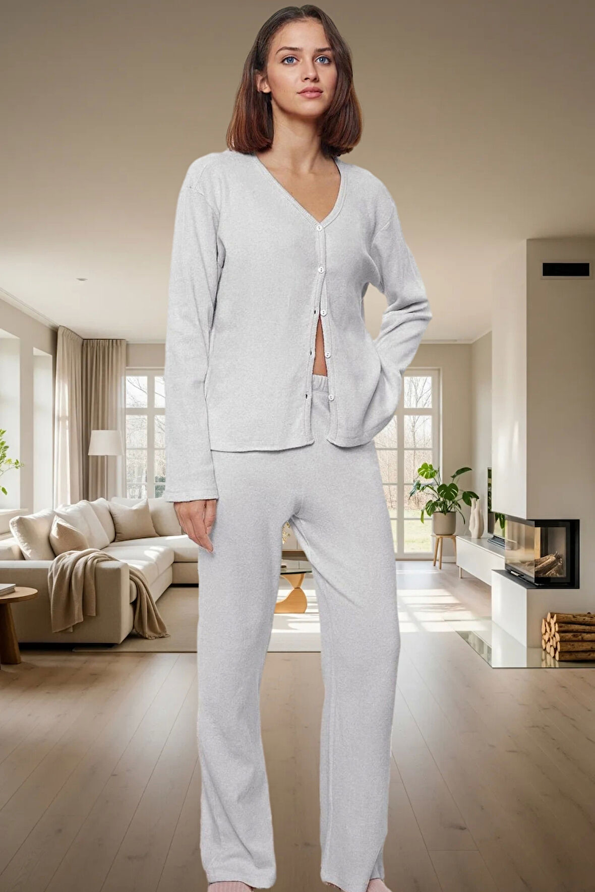 Kışlık 2'li Pijama Takımı Pamuk Karışımlı Hırka ve Pantolon Uzun Ömürlü Dayanıklı Malzeme