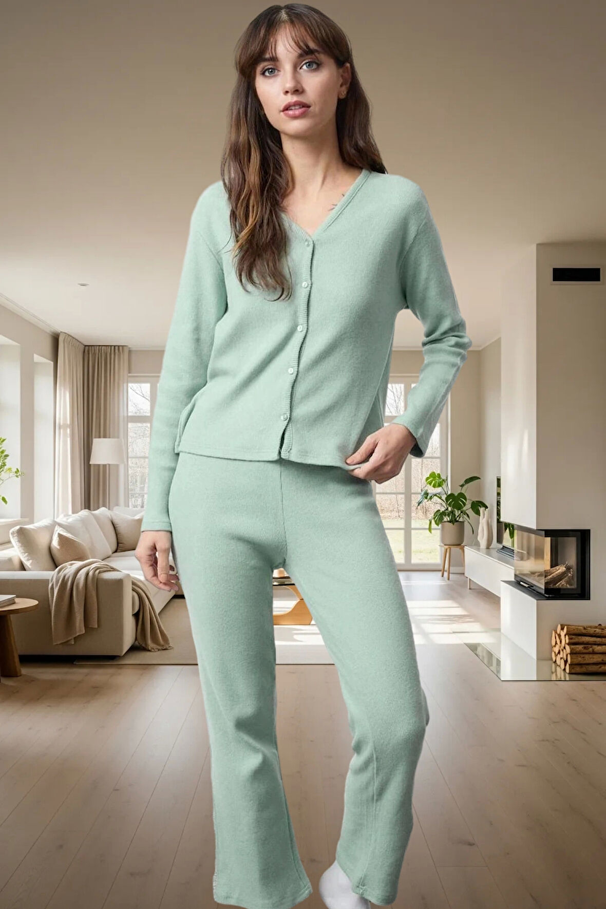 Kışlık 2'li Pijama Takımı Pamuk Karışımlı Hırka ve Pantolon Uzun Ömürlü Dayanıklı Malzeme