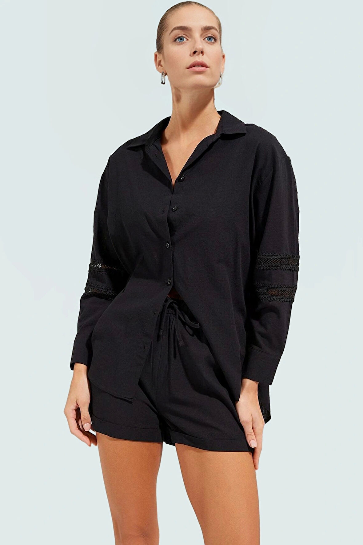 Flamlı Pamuk Dokuma Gömlek Şort Takım Yaz Rahatlığı Uzun Ömürlü Dayanıklı Malzeme